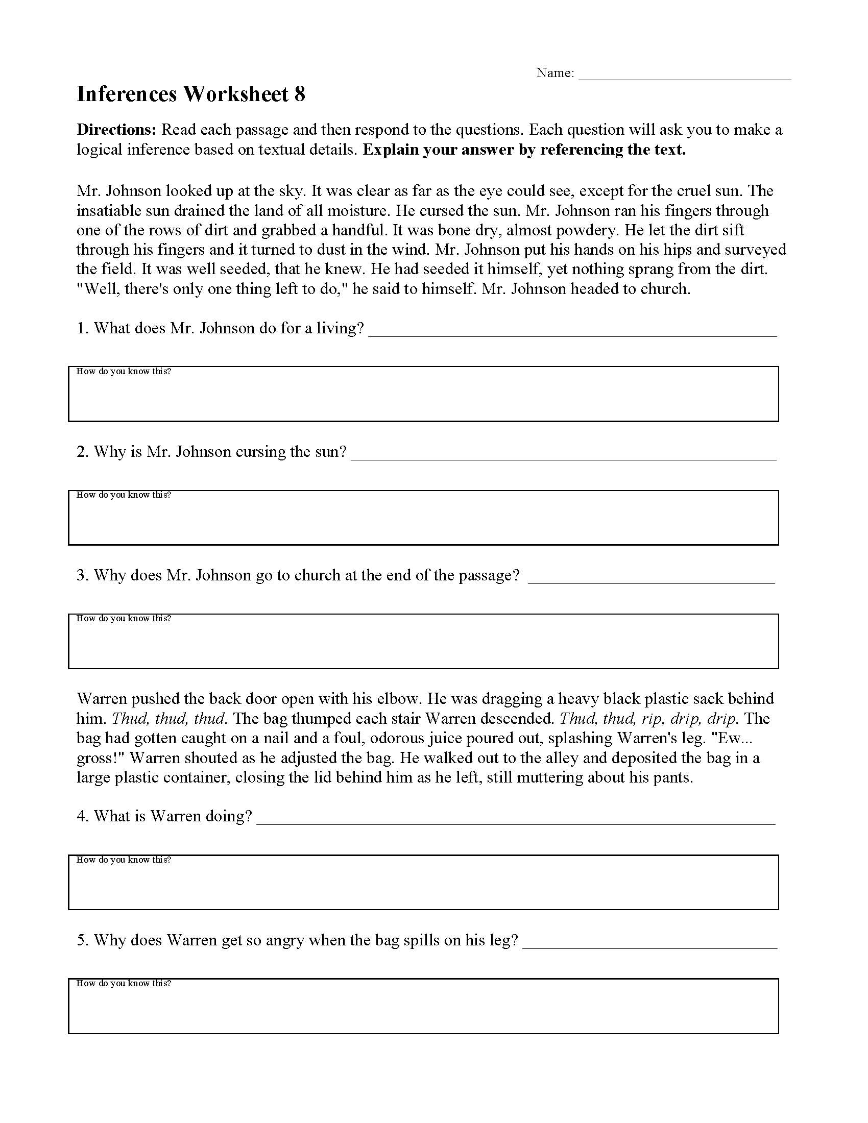 Inferences Worksheet 8 Reading Activity Inferences Worksheet 8 Reading Activity