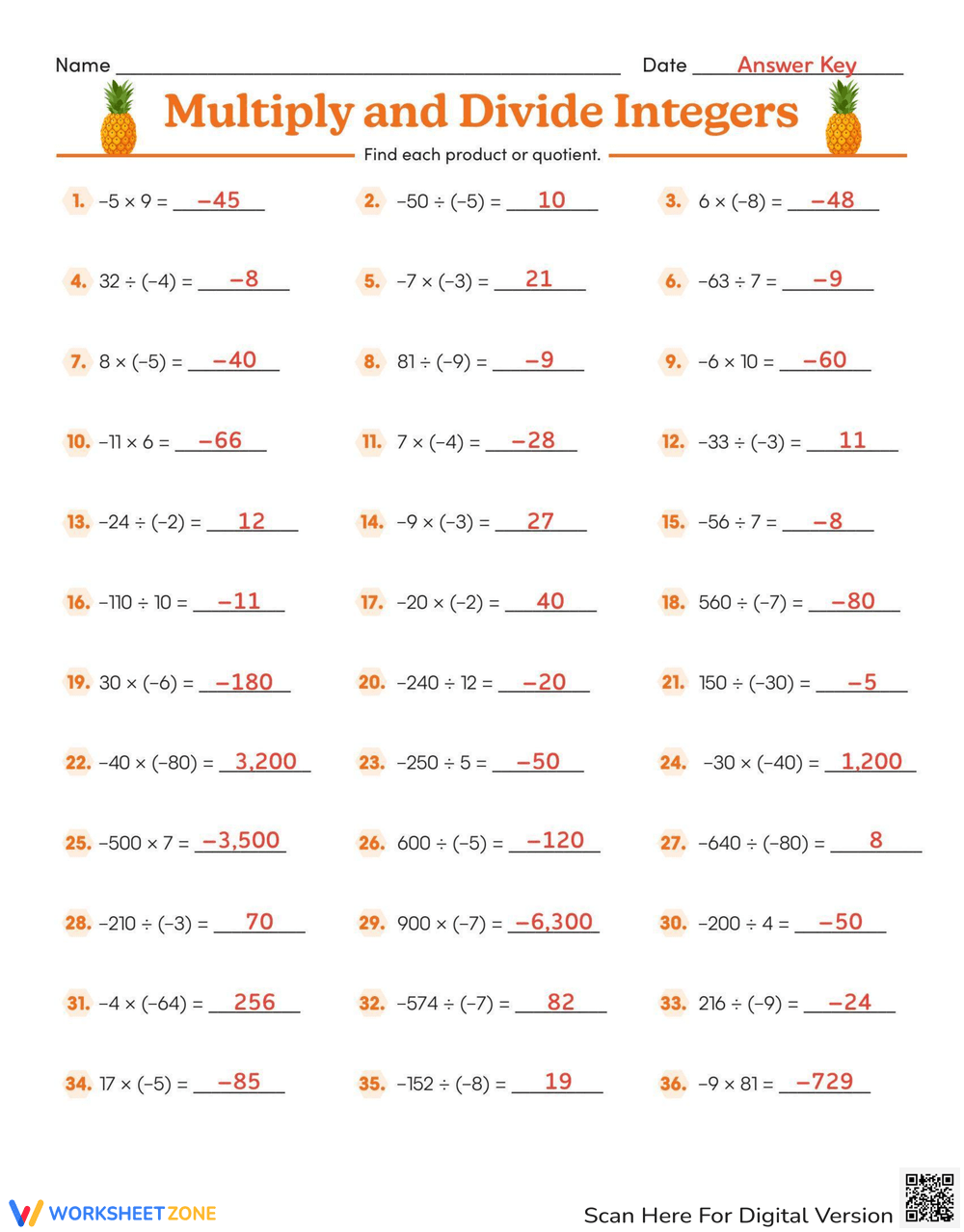 Integers Multiply Divide Practice Worksheet