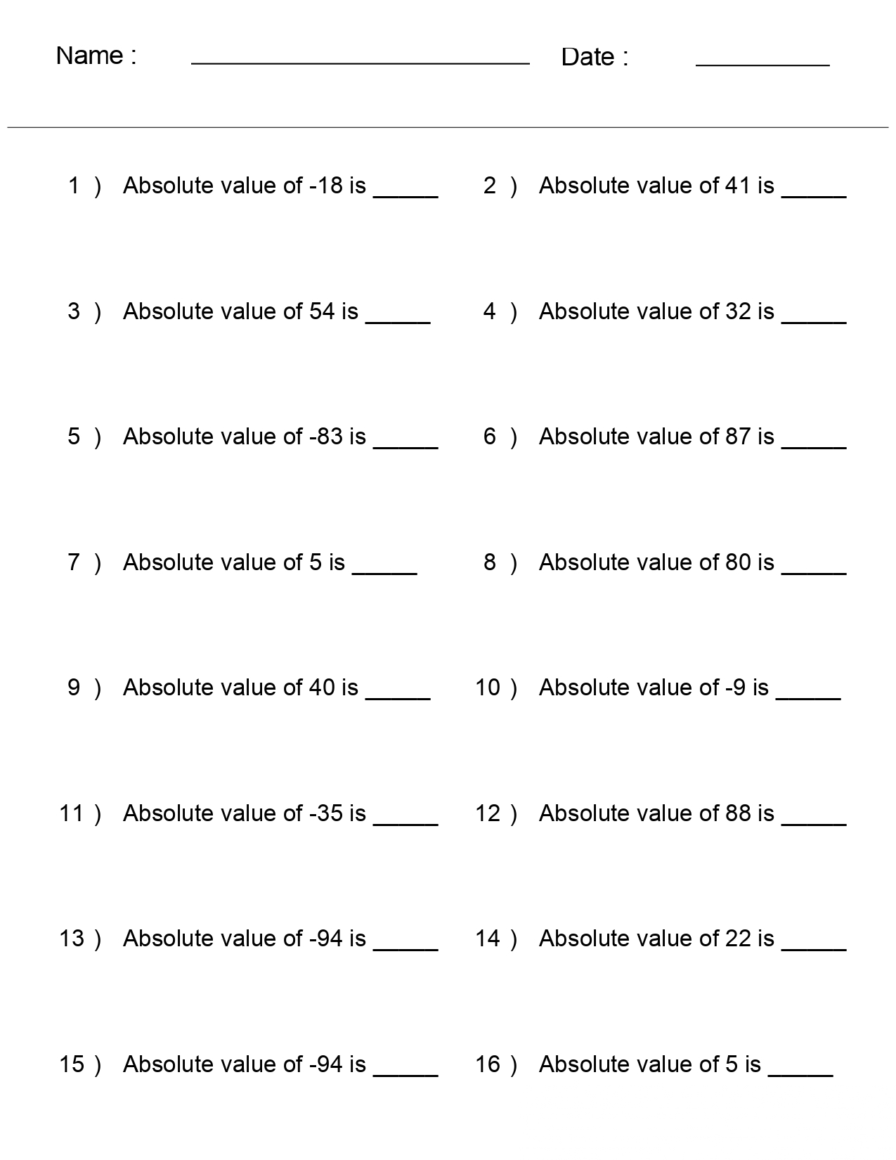 Integers Worksheets Absolute Values Of Integers Worksheets Made By Teachers