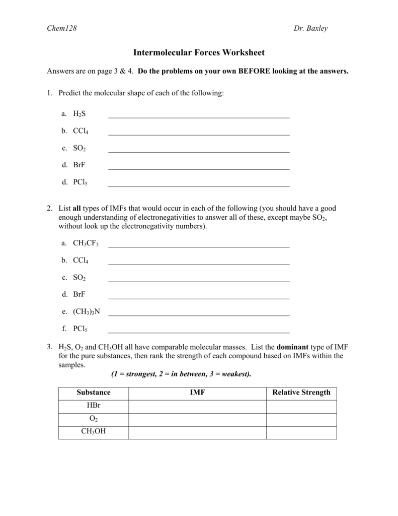 Intermolecular Forces Worksheet With Answers