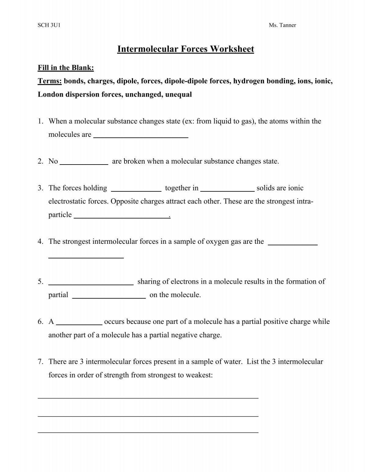 Intermolecular Forces Worksheet