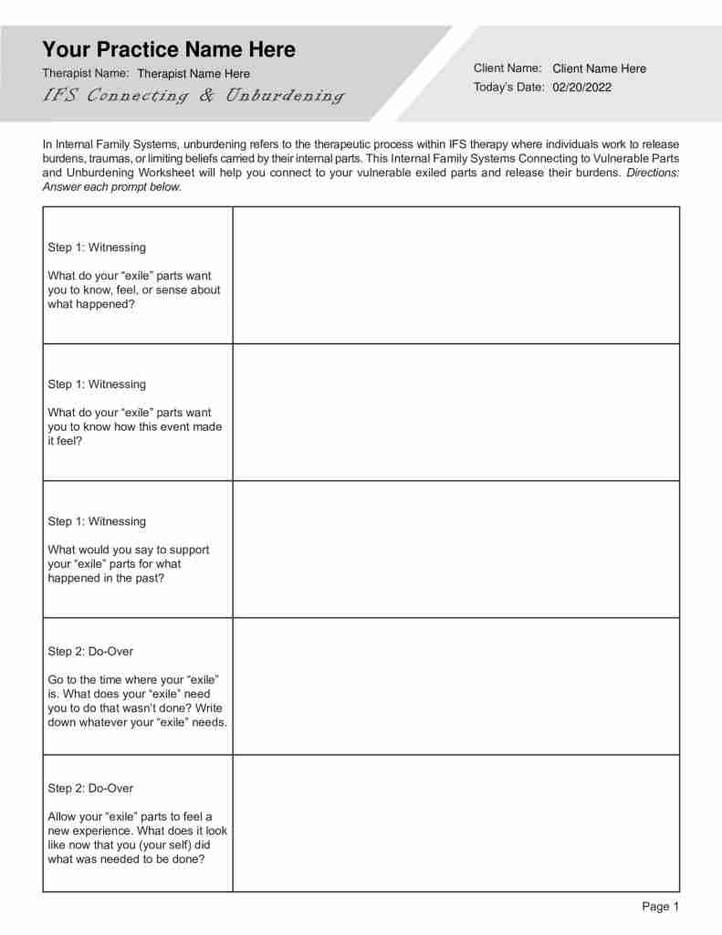 Internal Family Systems Connecting To Vulnerable Parts And Unburdening Worksheet Editable Fillable Printable PDF TherapyPatron