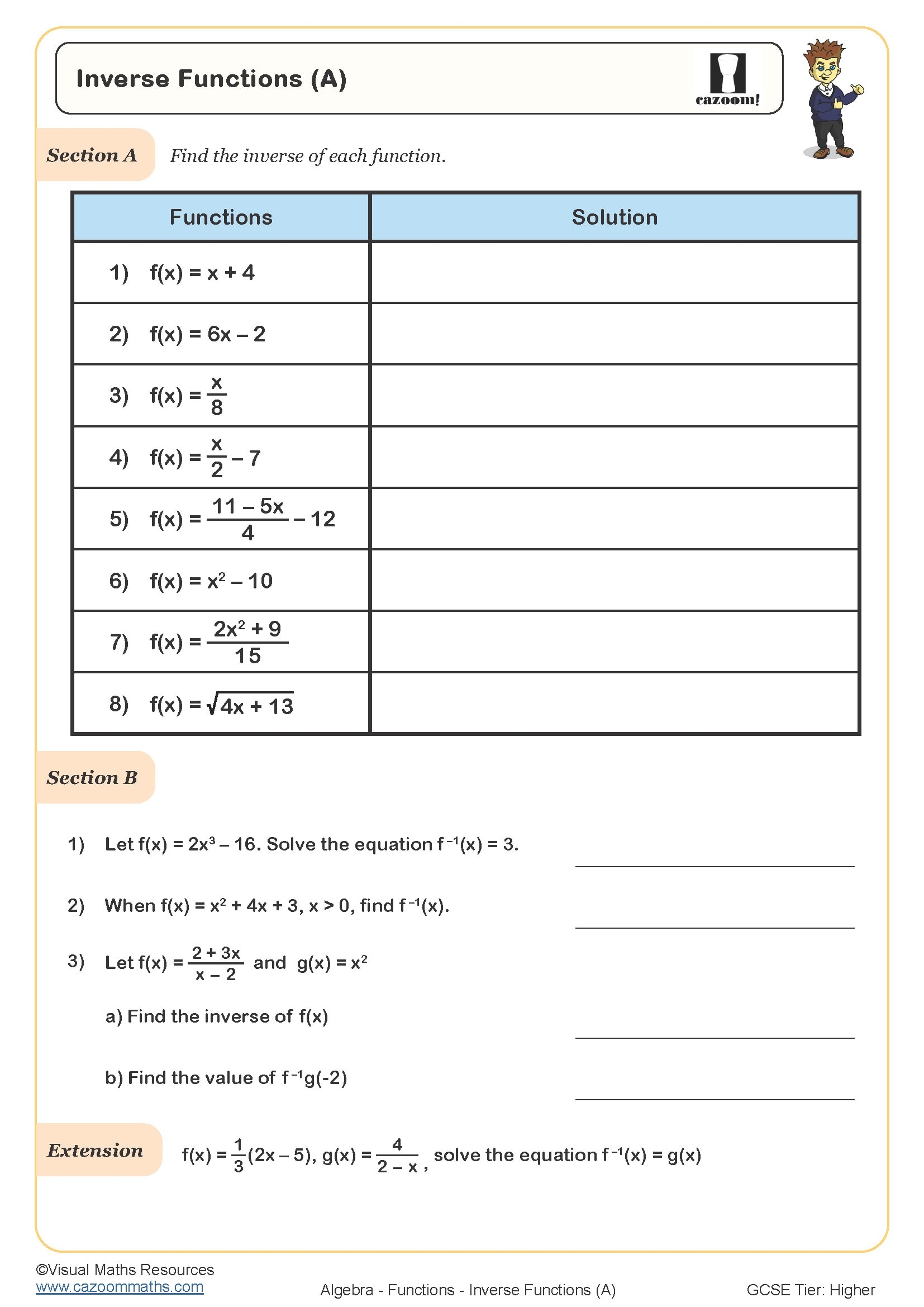 Inverse Functions A Worksheet Cazoom Maths Worksheets