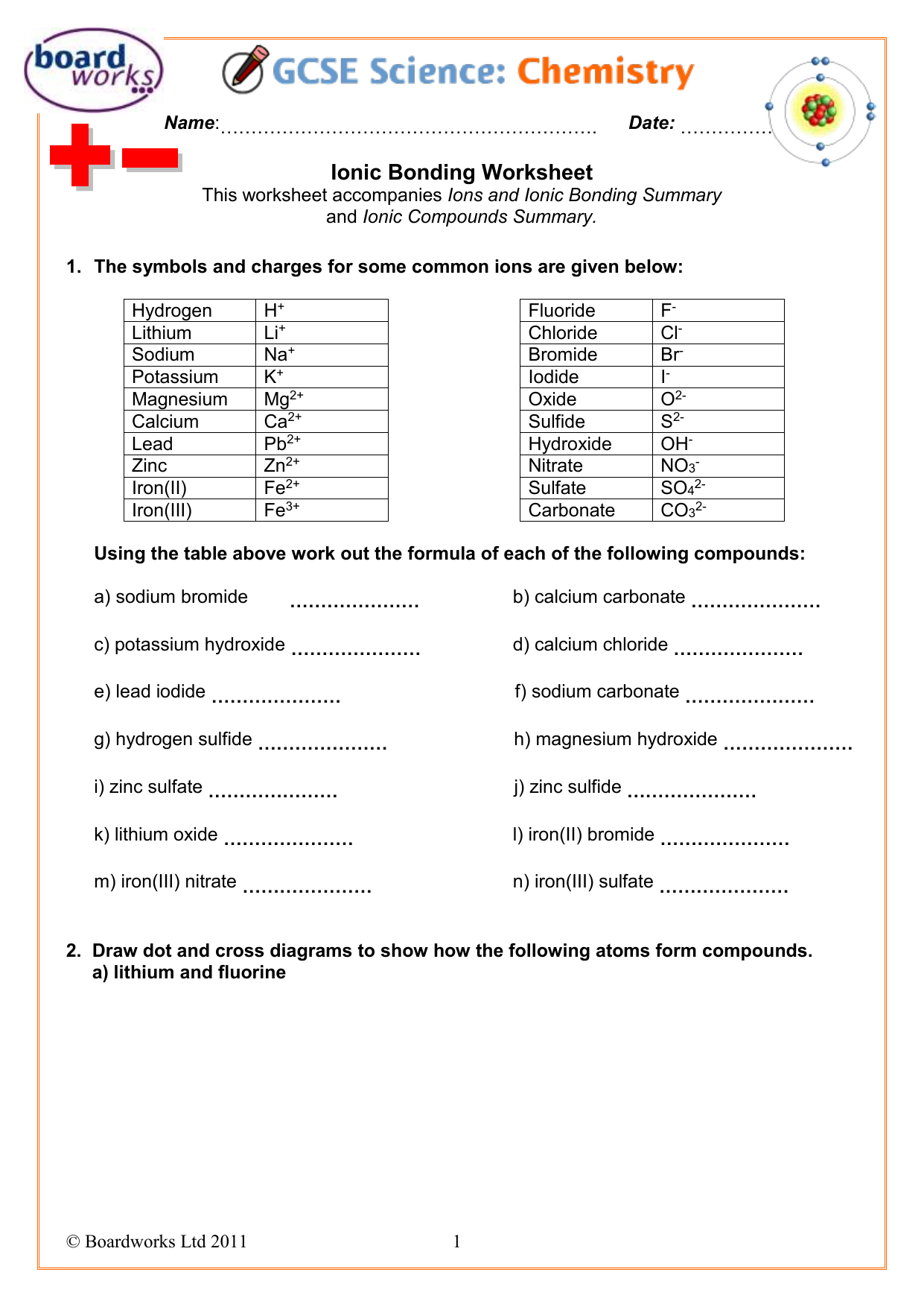 Ionic Bonding Worksheet Chemistry Practice