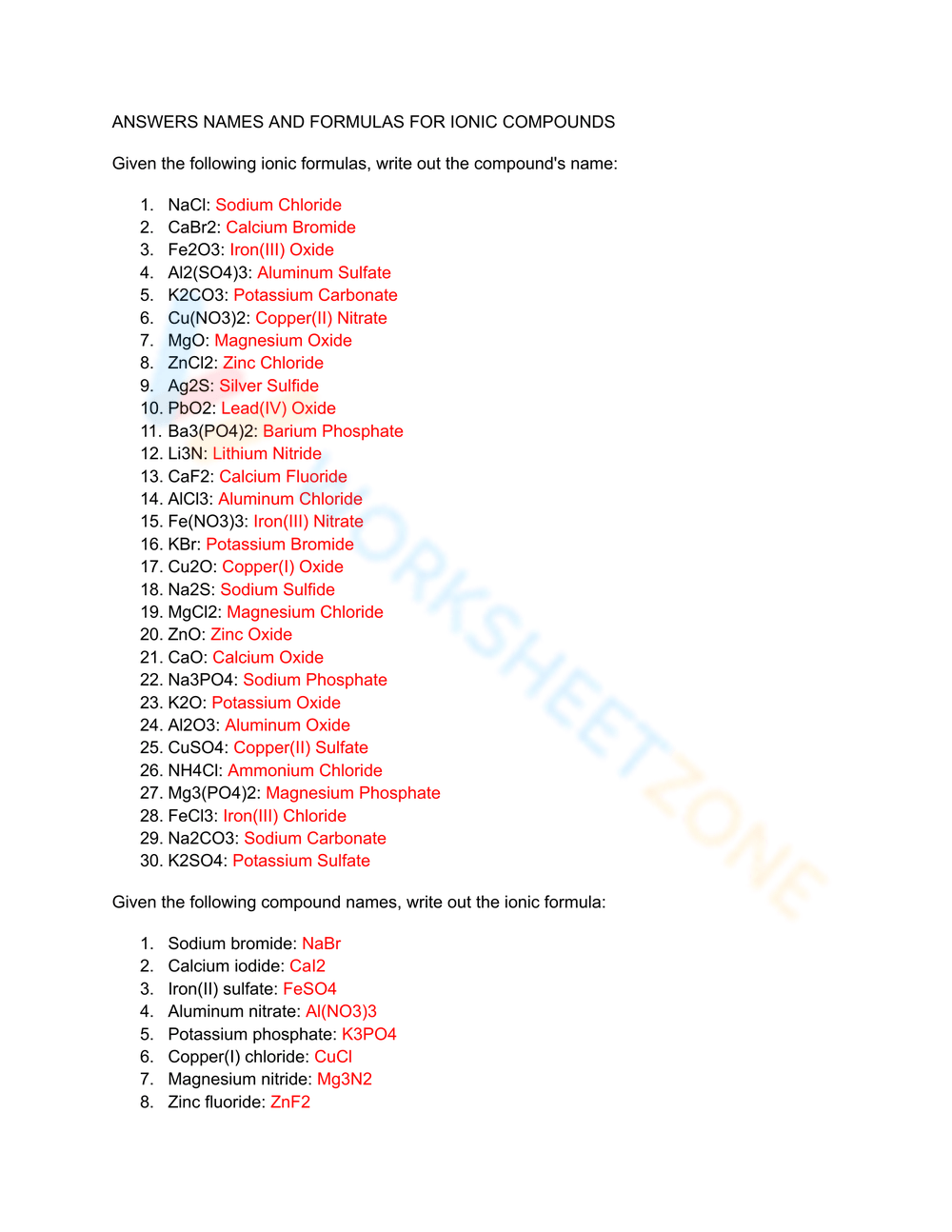 Ionic Compound Formula Chemistry Practice Sheet Worksheet