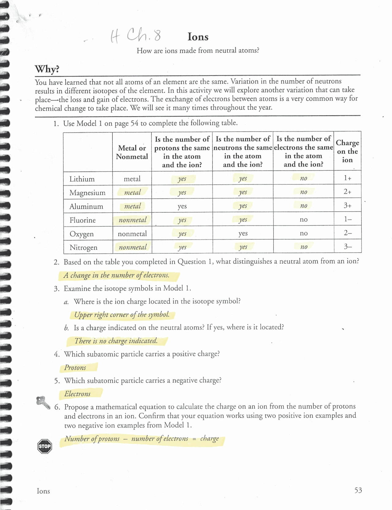 Ions And Ionic Compounds Worksheet Key Exercises Chemistry Docsity
