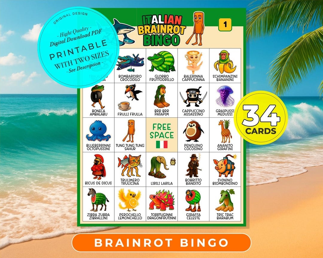 Italian Brainrot Bingo Cards Party Bingo Cards Bingo Board Game Kid s Birthday Party Game Birthday Activity Tralalero Tralala Viral Etsy Australia