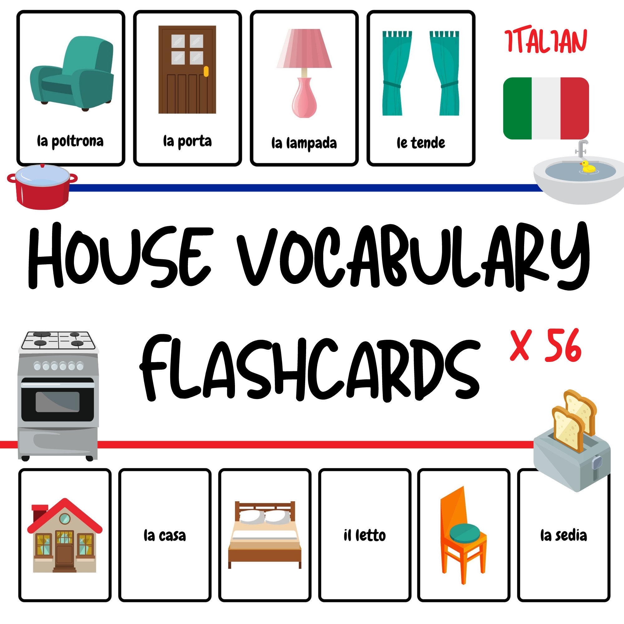 Italian Flashcards House Vocabulary Flashcards For Kids 56 Words Italian Vocabulary Practice For Children PDF Download Etsy