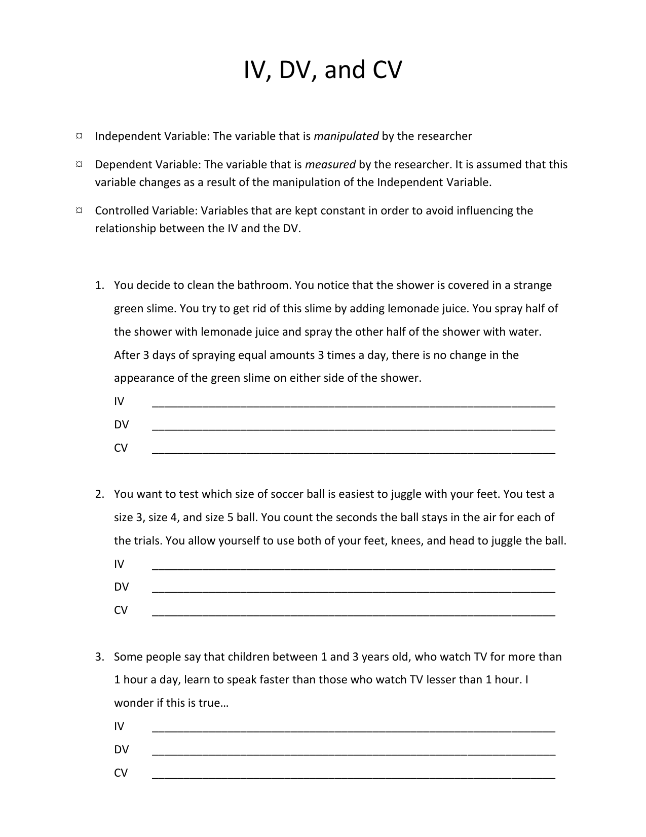 IV DV CV Worksheet Identifying Variables