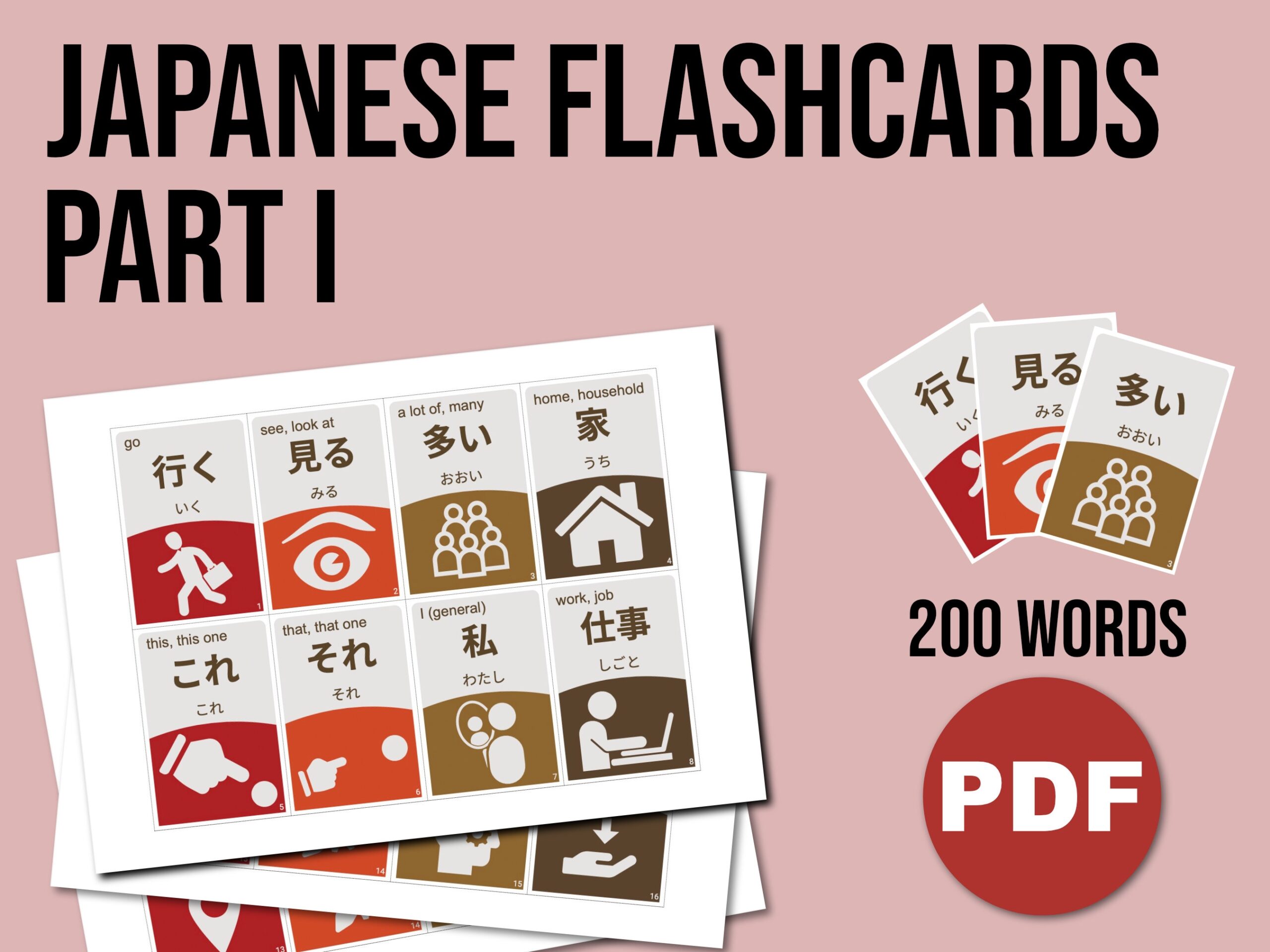 Japanese Flashcards Learn 200 Kanji Words printable Digital Download Etsy