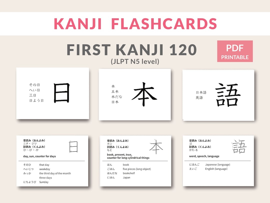 Japanese Kanji Flashcards JLPT N5 Vocabulary printable PDF Etsy