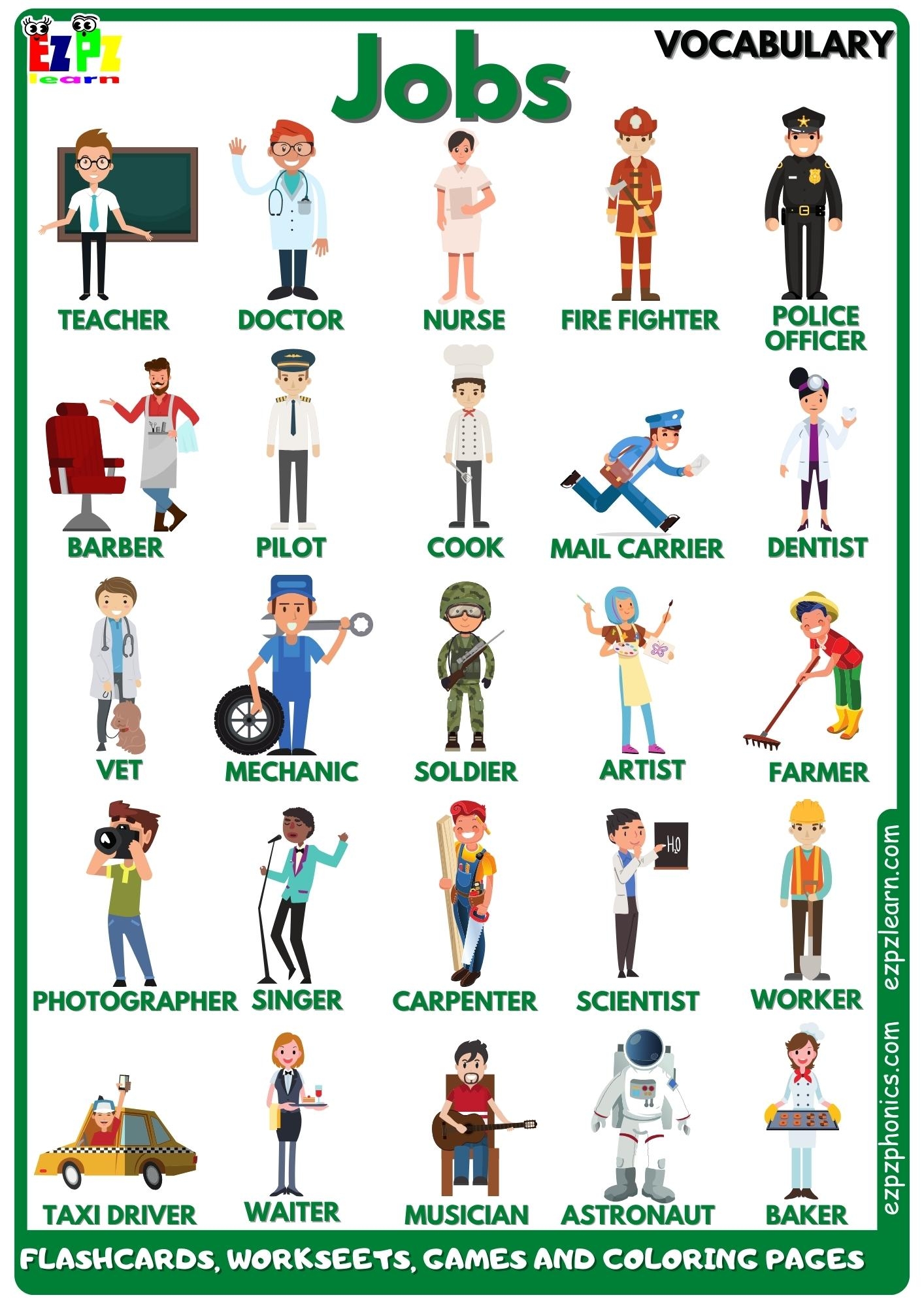 Jobs And Occupations Vocabulary Free English Vocabulary Flashcards Worksheets Coloring Pages Games And More For English Language Learners Ezpzlearn
