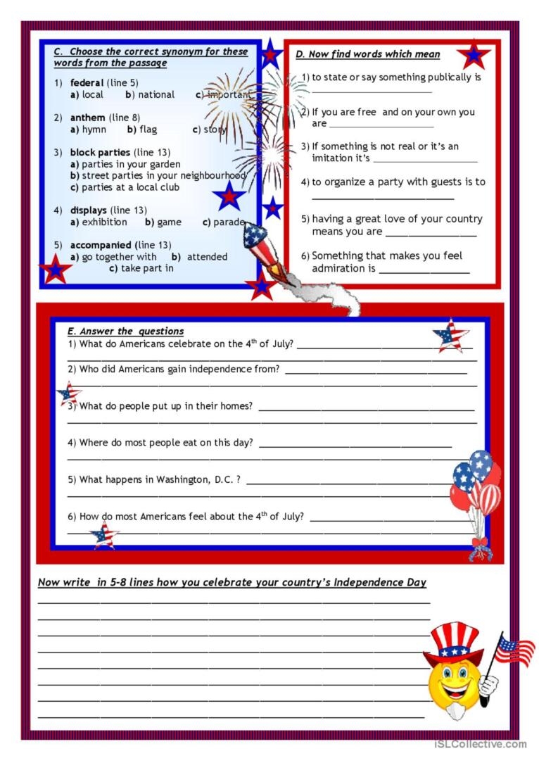 JULY 4th HAPPY BIRTHDAY AMERICA Re English ESL Worksheets Pdf Doc