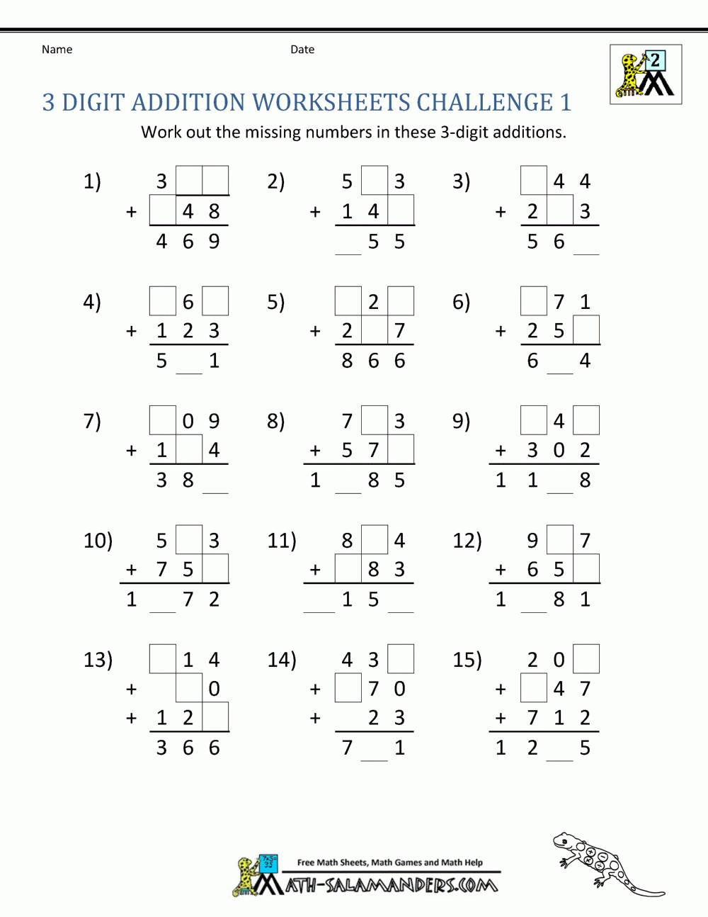 three digit math worksheets