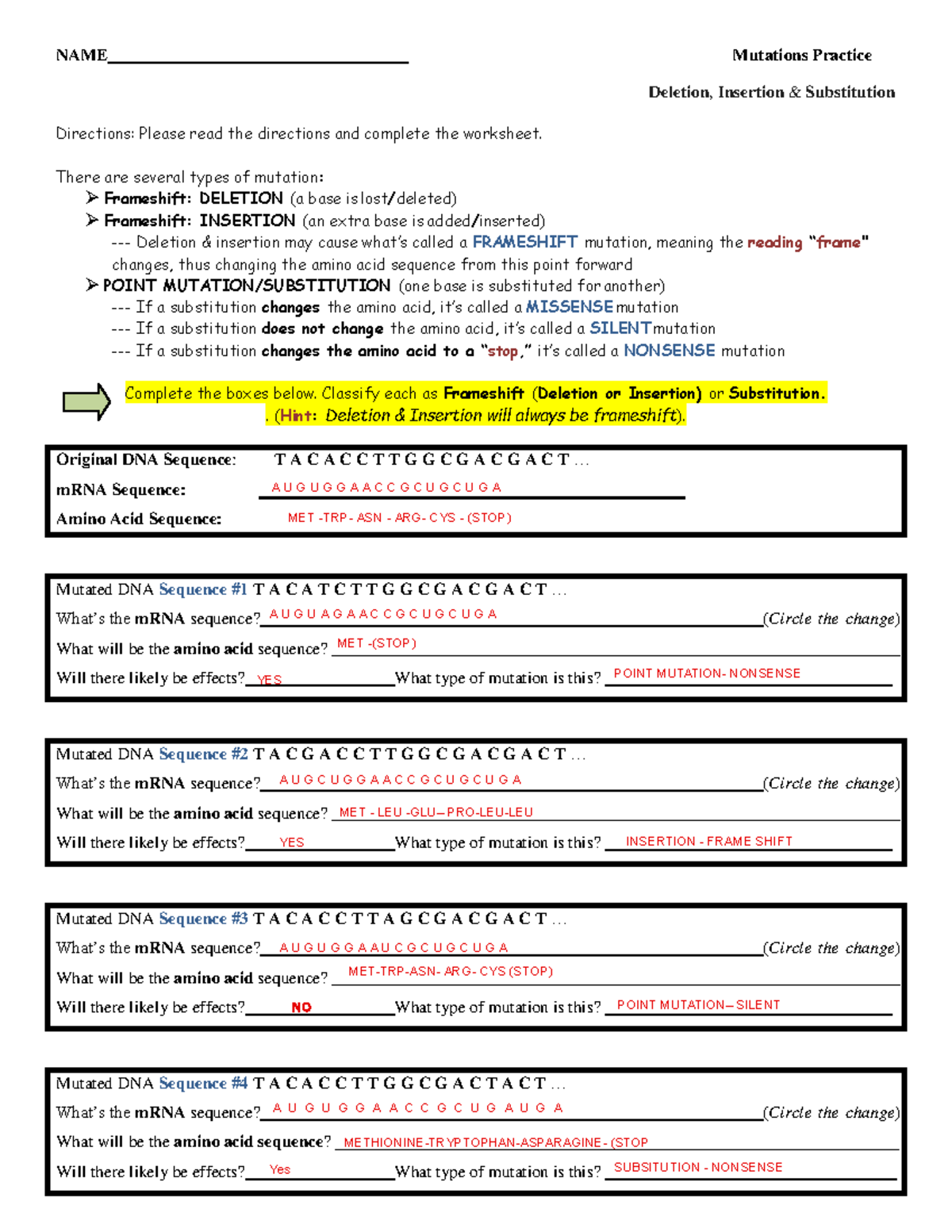 Kami Export Mutations Practice Study Guide NAME Mutations Practice Deletion Insertion amp Studocu