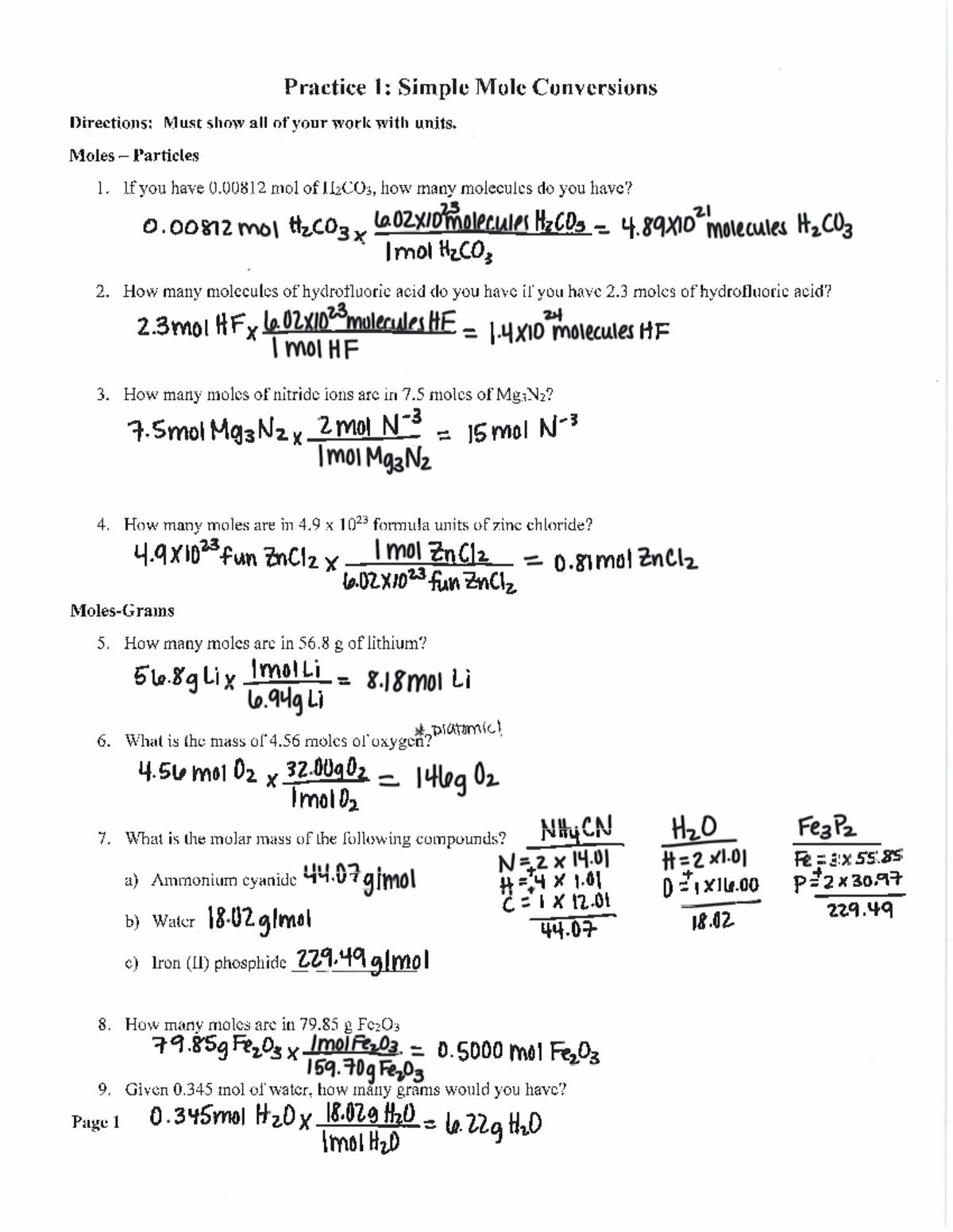 mole conversion worksheet