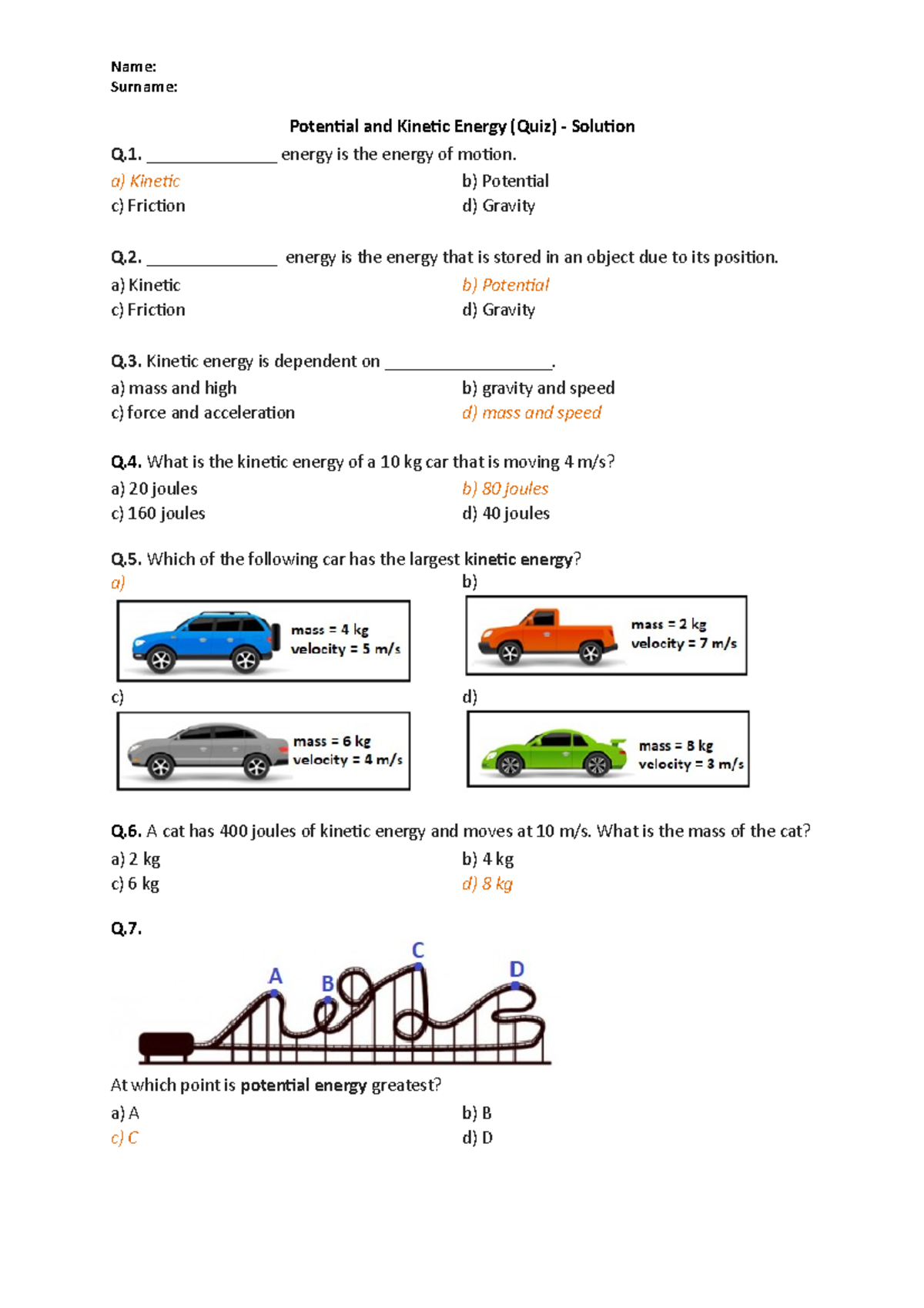 Kinetic Energy And Potential Energy Quiz Name Surname Potential And Kinetic Energy Quiz Q Studocu