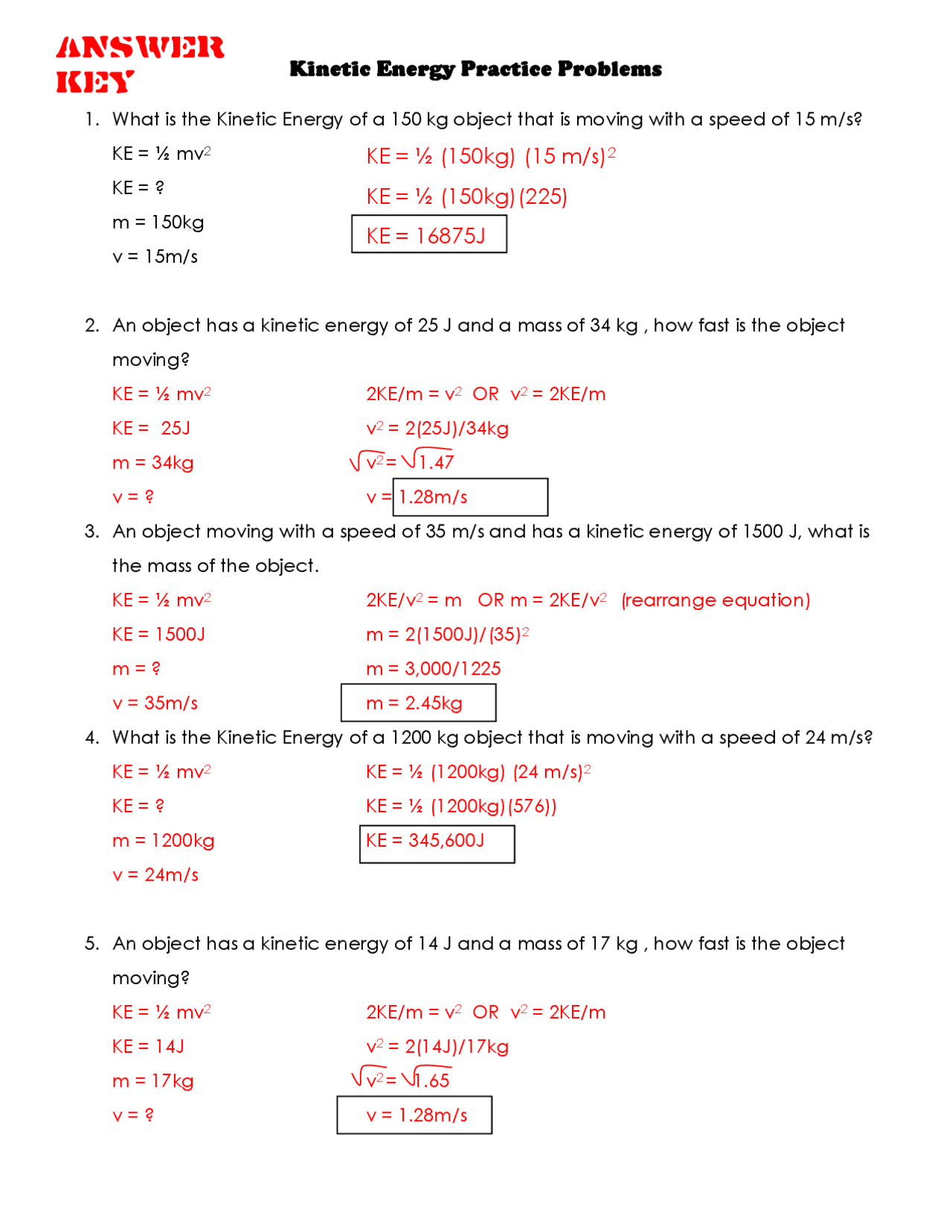 kinetic and potential energy worksheet answers