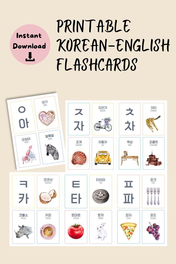 Korean Alphabet Flashcards Digital Download Hangul Learning Cards Korean Vocabulary Flash Cards