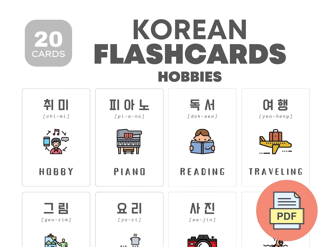 Korean Hobby Flashcards Learn Korean Language Educational Printable Cards Instant Download Bilingual Kids Material Etsy