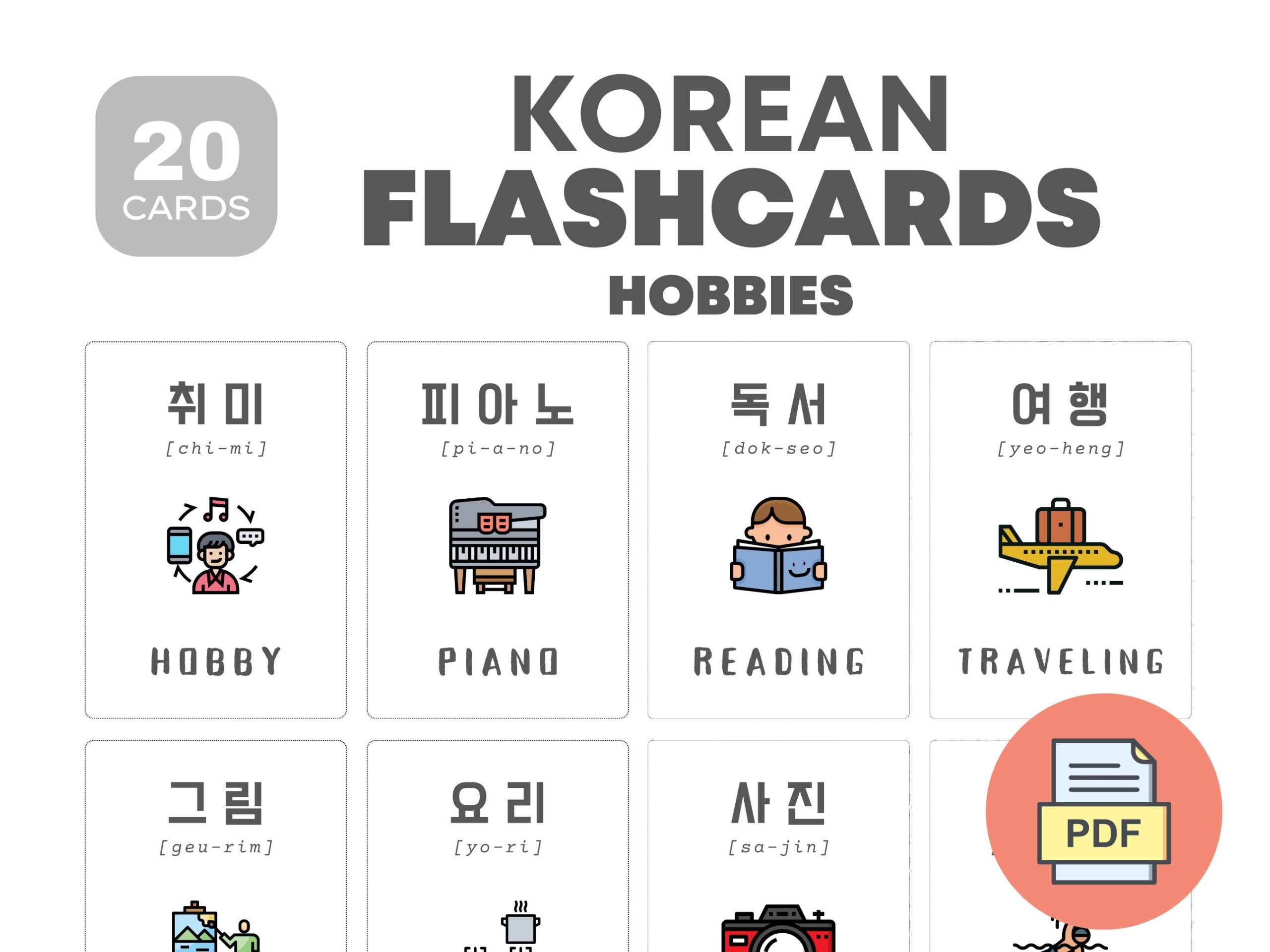 Korean Hobby Flashcards Learn Korean Language Educational Printable Cards Instant Download Bilingual Kids Material Etsy