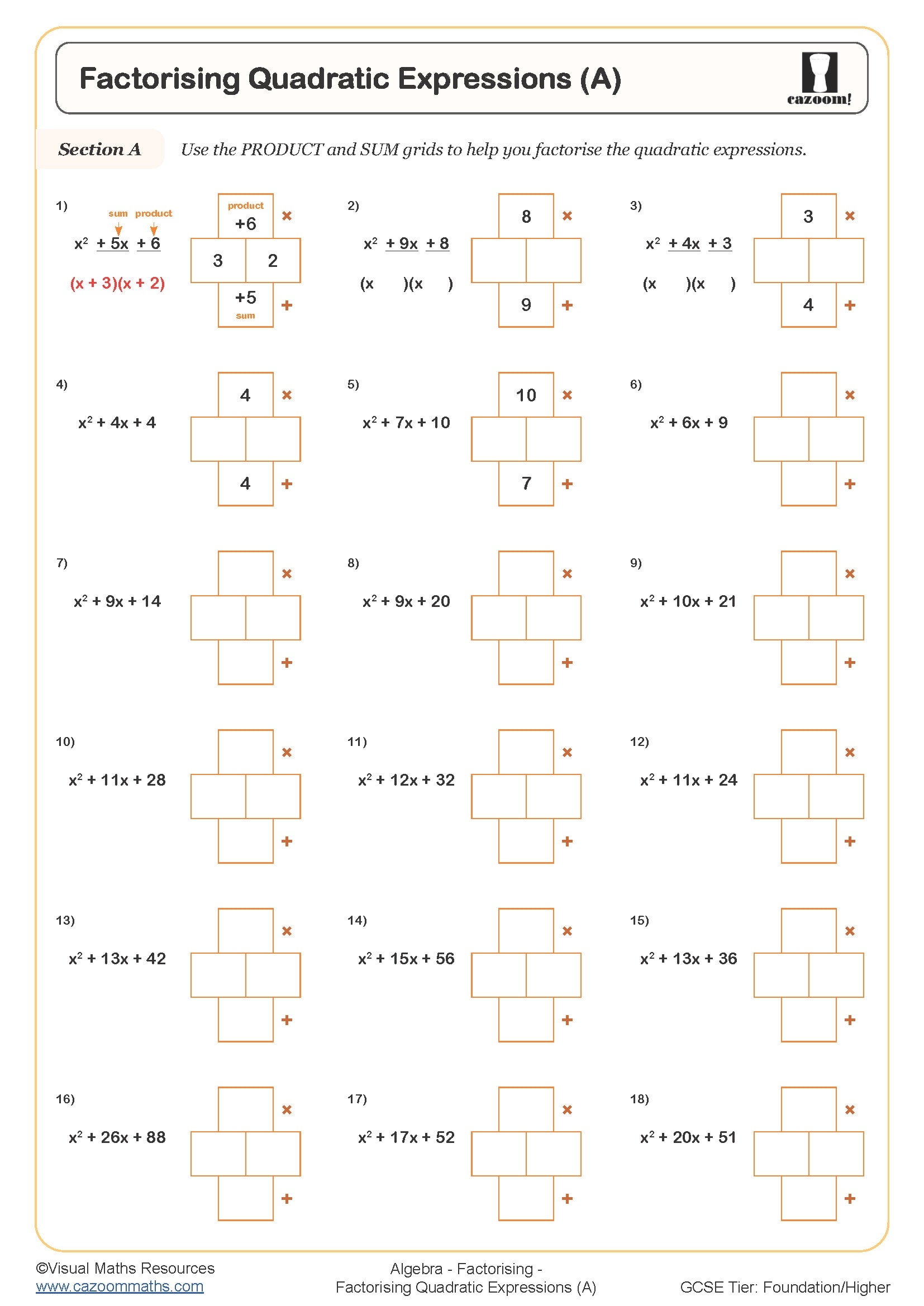 KS3 And KS4 Factorising Quadratics Worksheets Quadratic Factorisation Worksheets Printable Factorising Worksheets Cazoom Maths