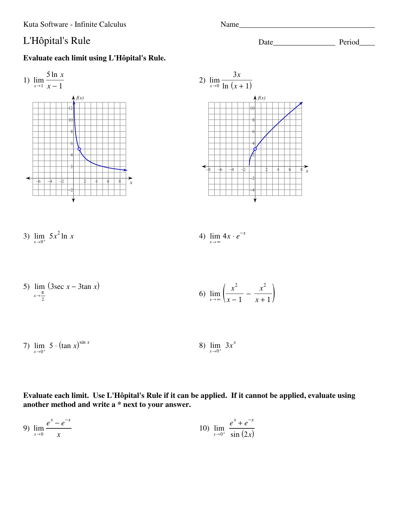 L H pital s Rule Calculus Worksheet