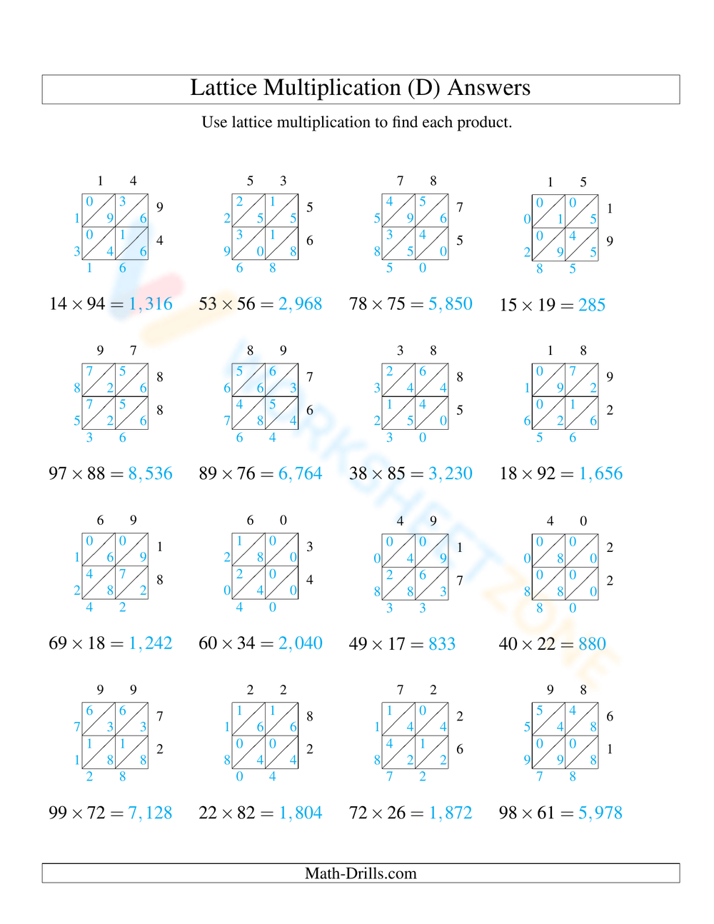 Lattice Multiplication Worksheets Printable Lattice Multiplication Worksheets Printable