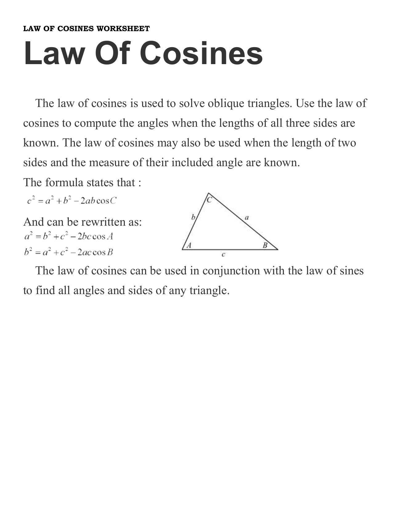 Law Of Cosines Worksheet Practice Problems Solutions