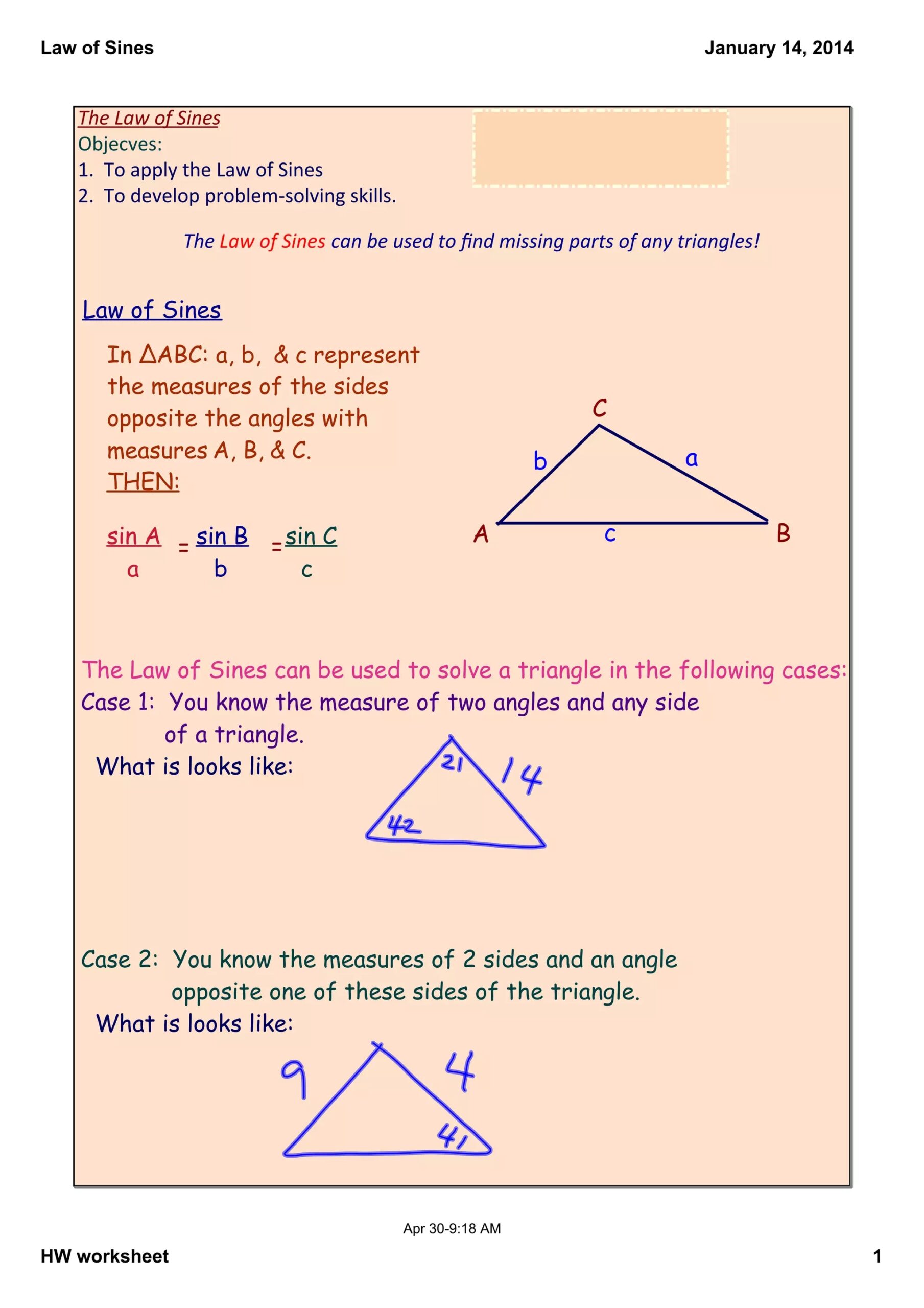 law of sines worksheet