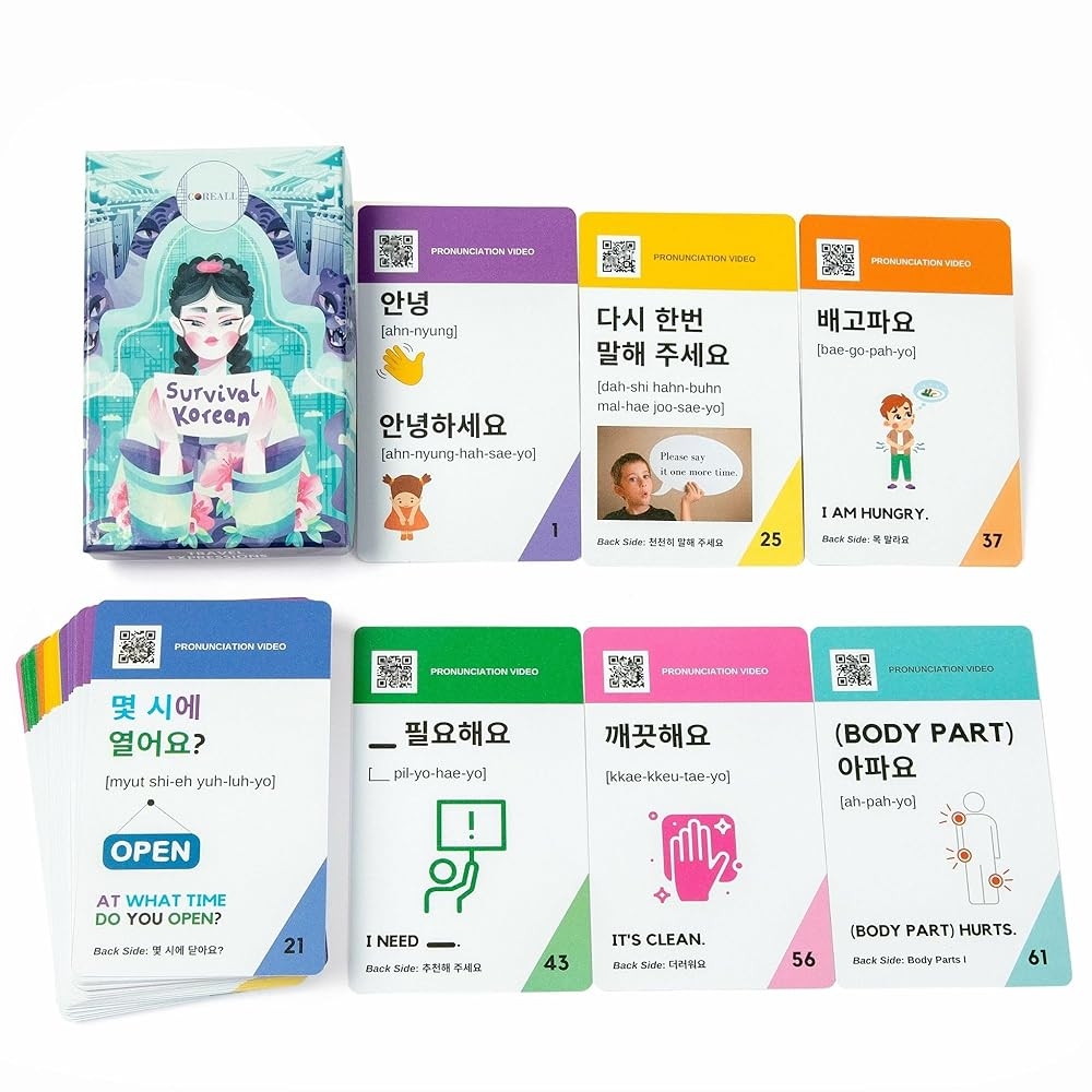 Learn Korean With COREALL Survival Korean Travel Expression Cards Korean Gift Idea For Beginners In Korean Language Includes Korean Digital Learning Book Amazon de Toys