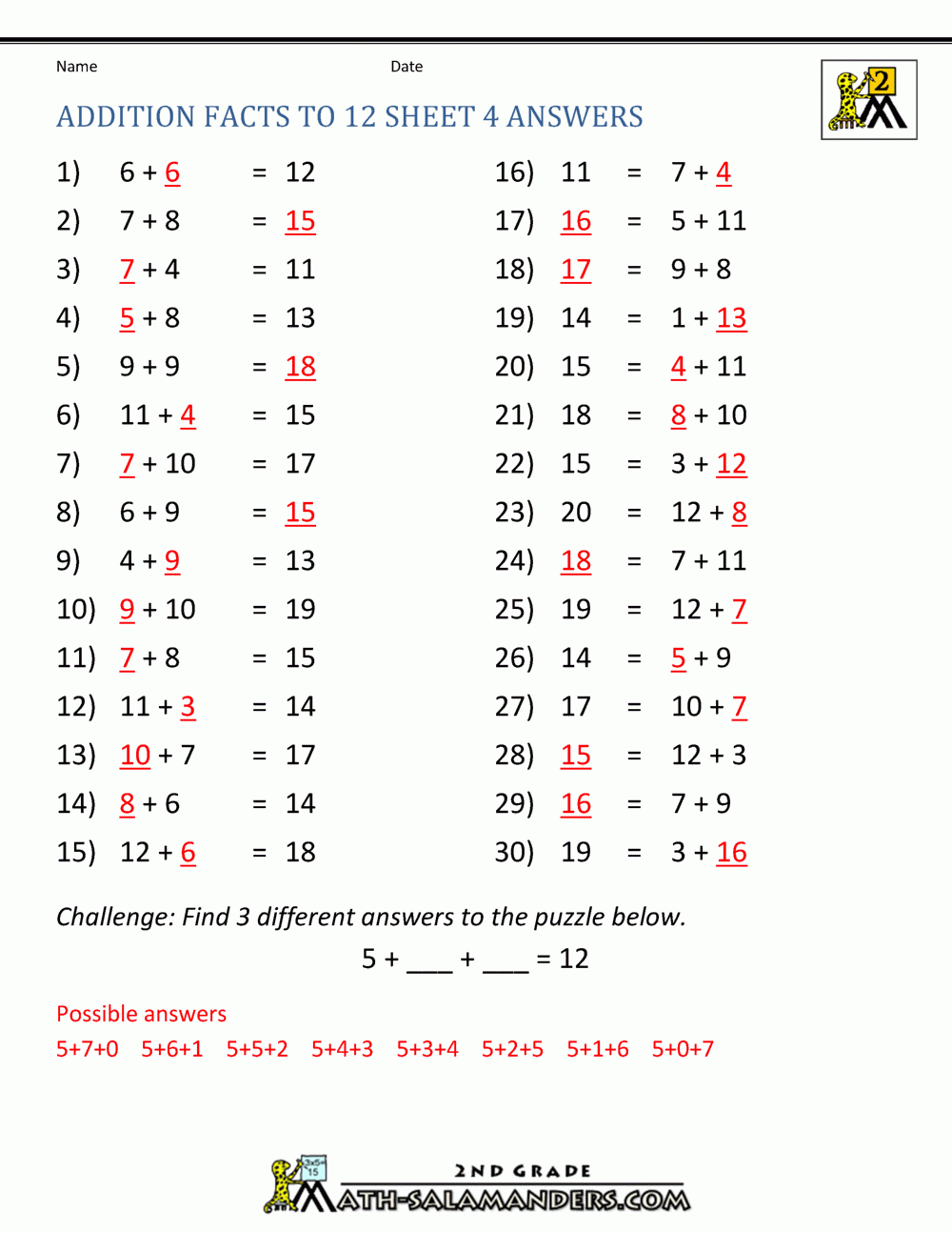 Learning Addition Facts To 12