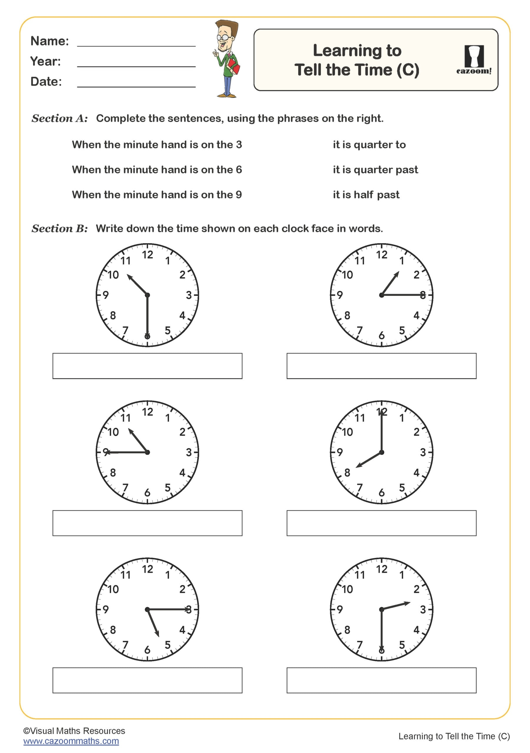 Learning To Tell Th Time B Worksheet PDF Printable Measurement Worksheets
