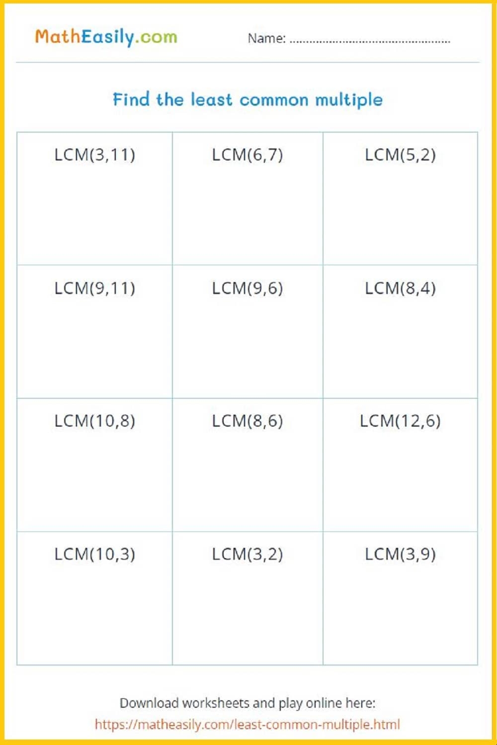 Least Common Multiple Game ONLINE Worksheets