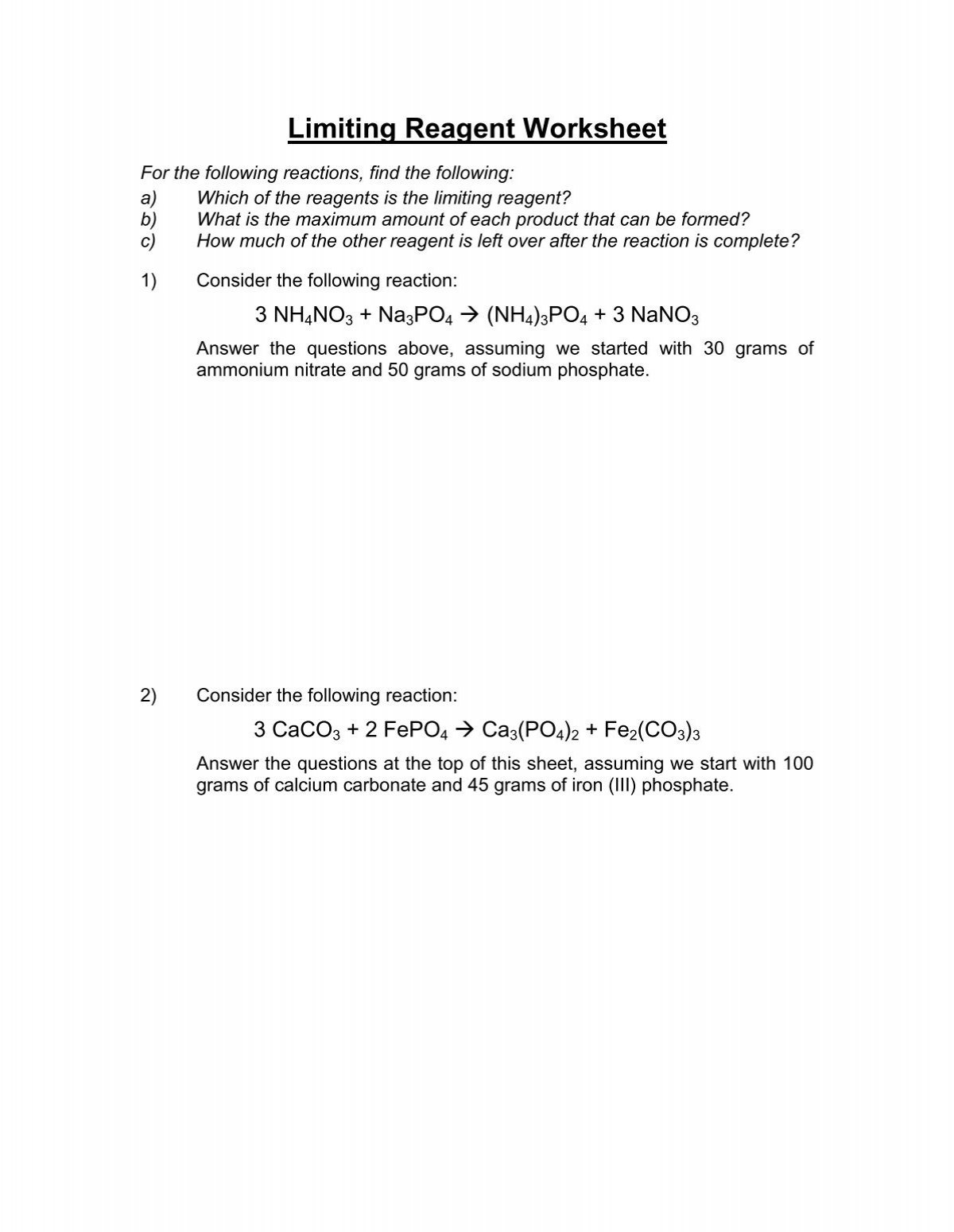 Limiting Reagent Worksheet 1 Limiting Reagent Worksheet 1