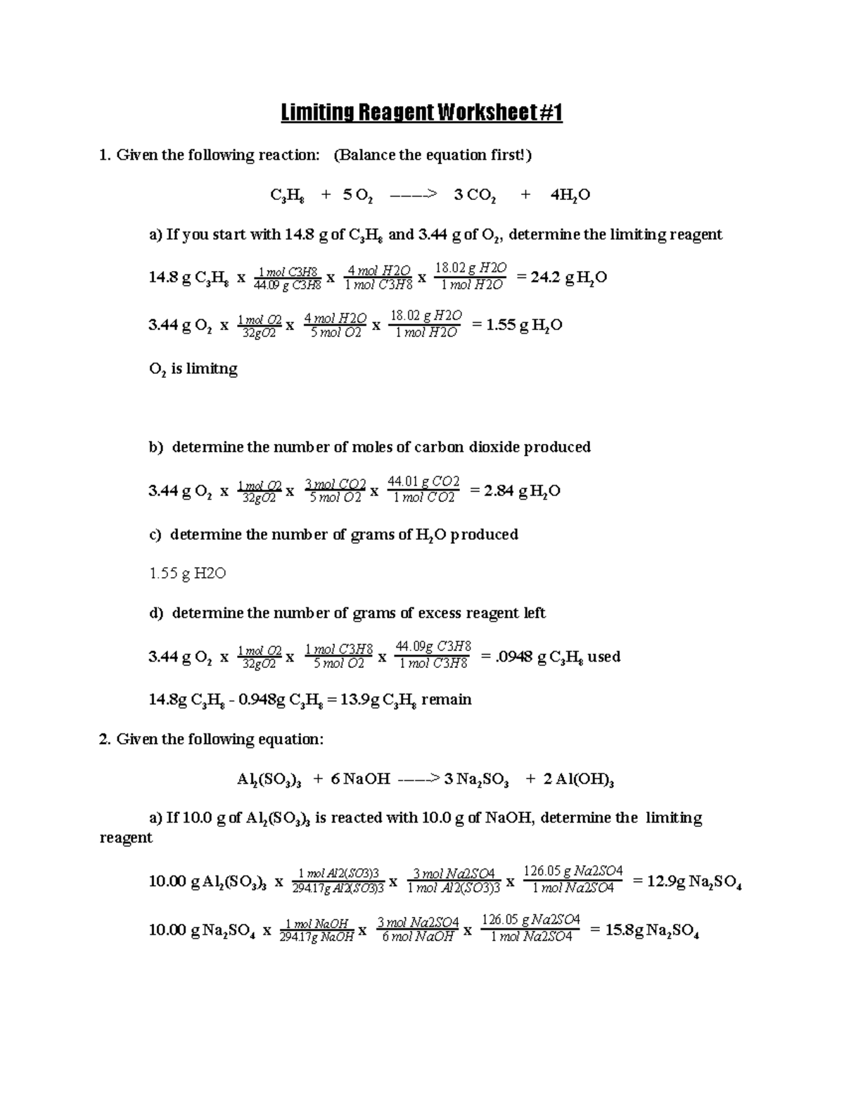 Limiting Reagent Worksheet 1 And 2 Limiting Reagent Worksheet 1 1 Given The Following Reaction Studocu