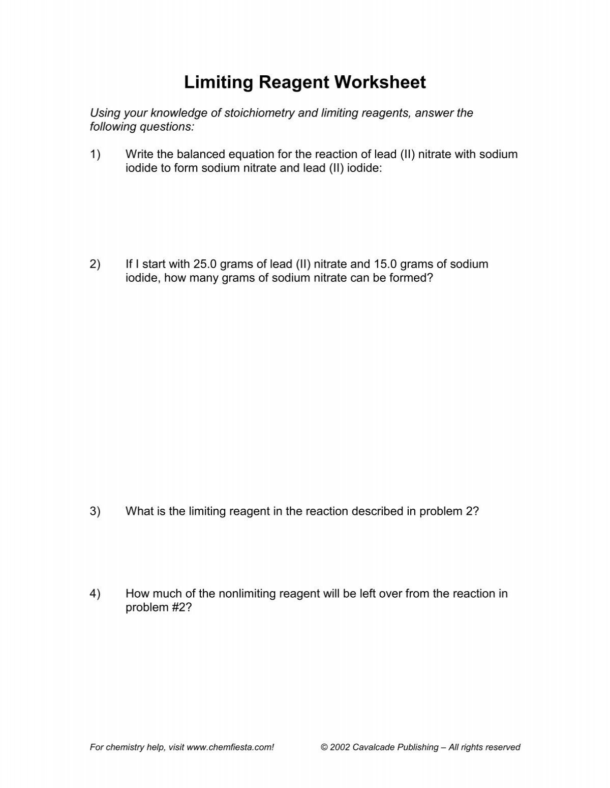 Limiting Reagent Worksheet c 2002 Cavalcade Publishing All 