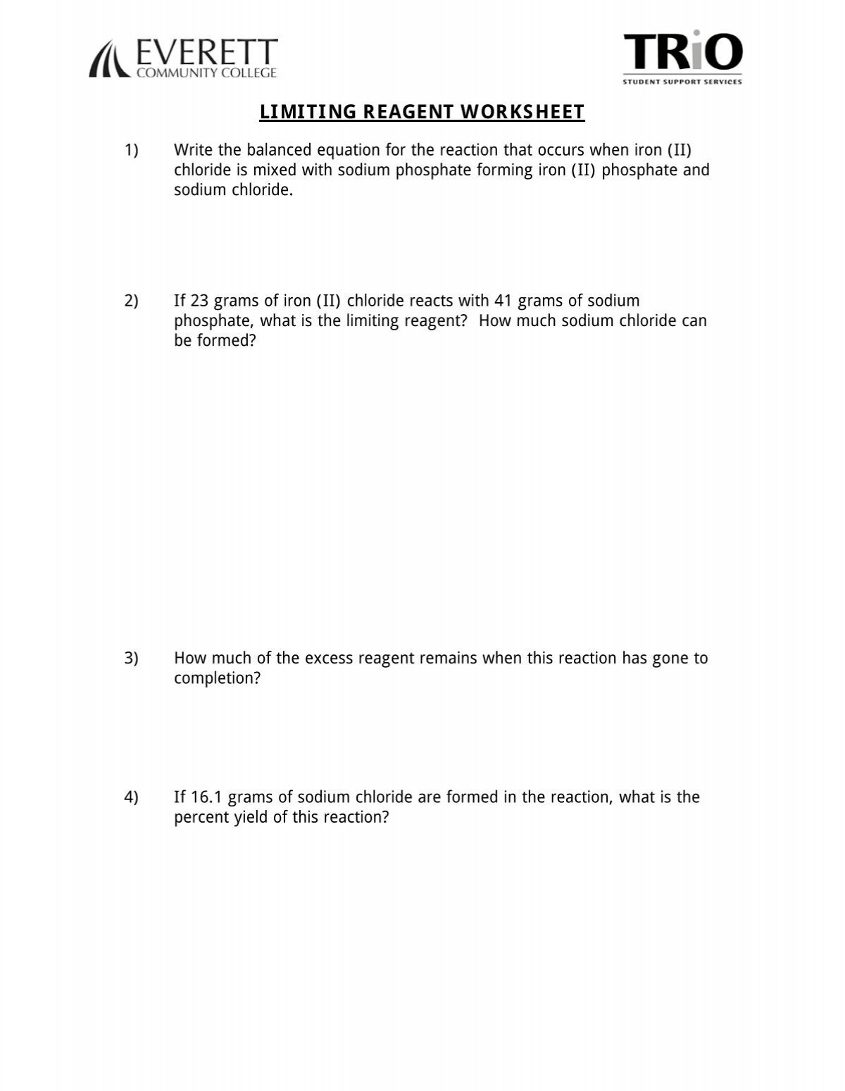 Limiting Reagent Worksheet Everett Community College Limiting Reagent Worksheet Everett Community College