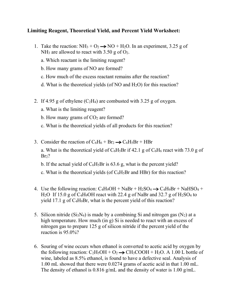 Limiting Reagent Yield Worksheet Chemistry Problems