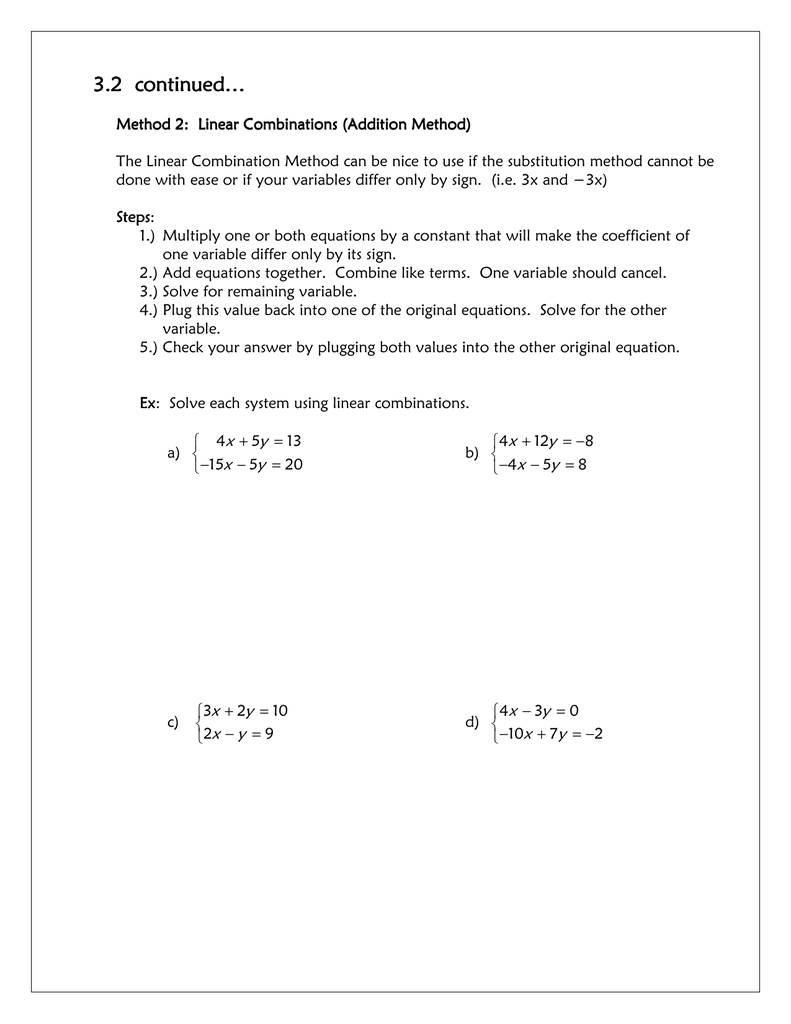 Linear Combinations Method Systems Of Equations Worksheet Linear Combinations Method Systems Of Equations Worksheet
