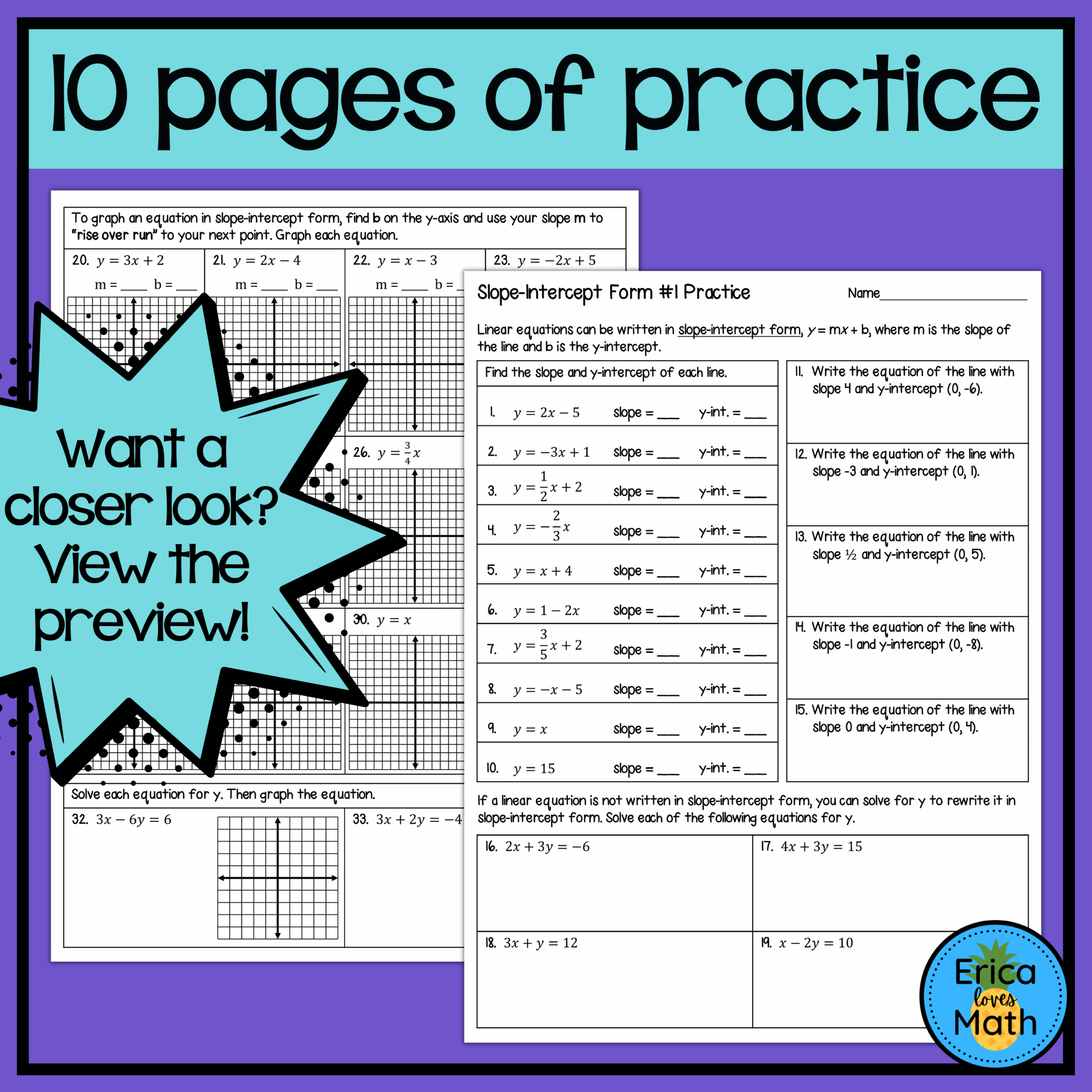 Linear Equations Worksheets Graphing Equations In Slope Intercept Form Made By Teachers