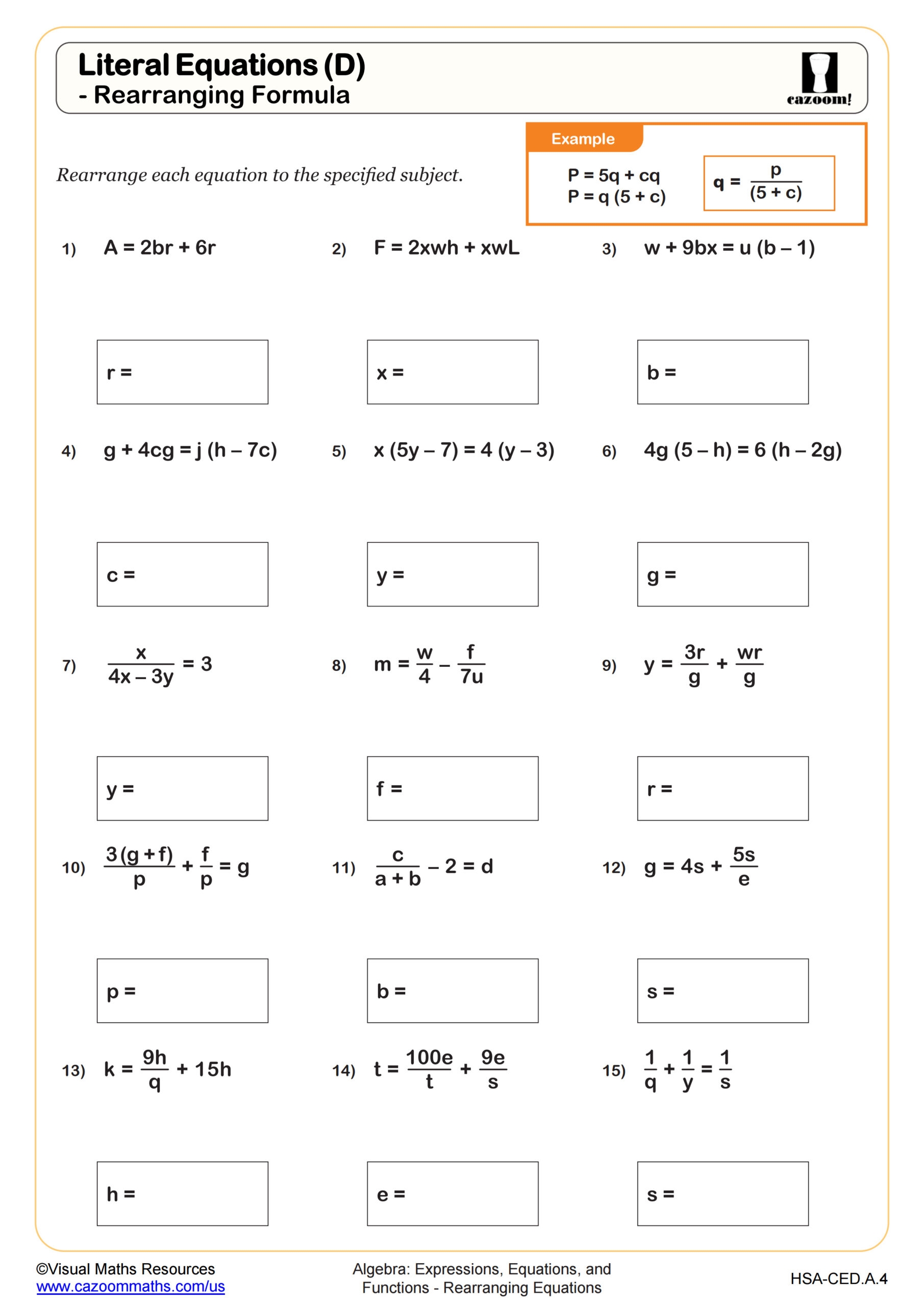 solving literal equations worksheet