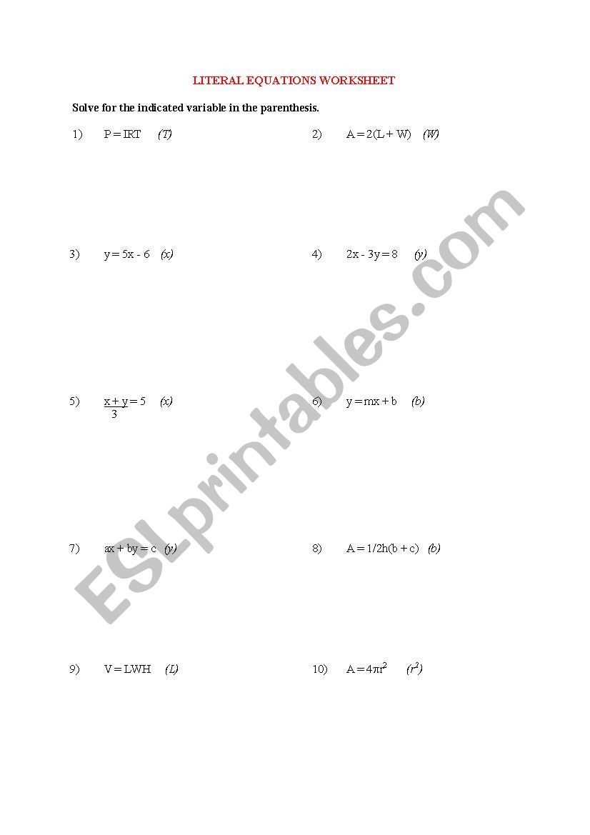 literal equations worksheet