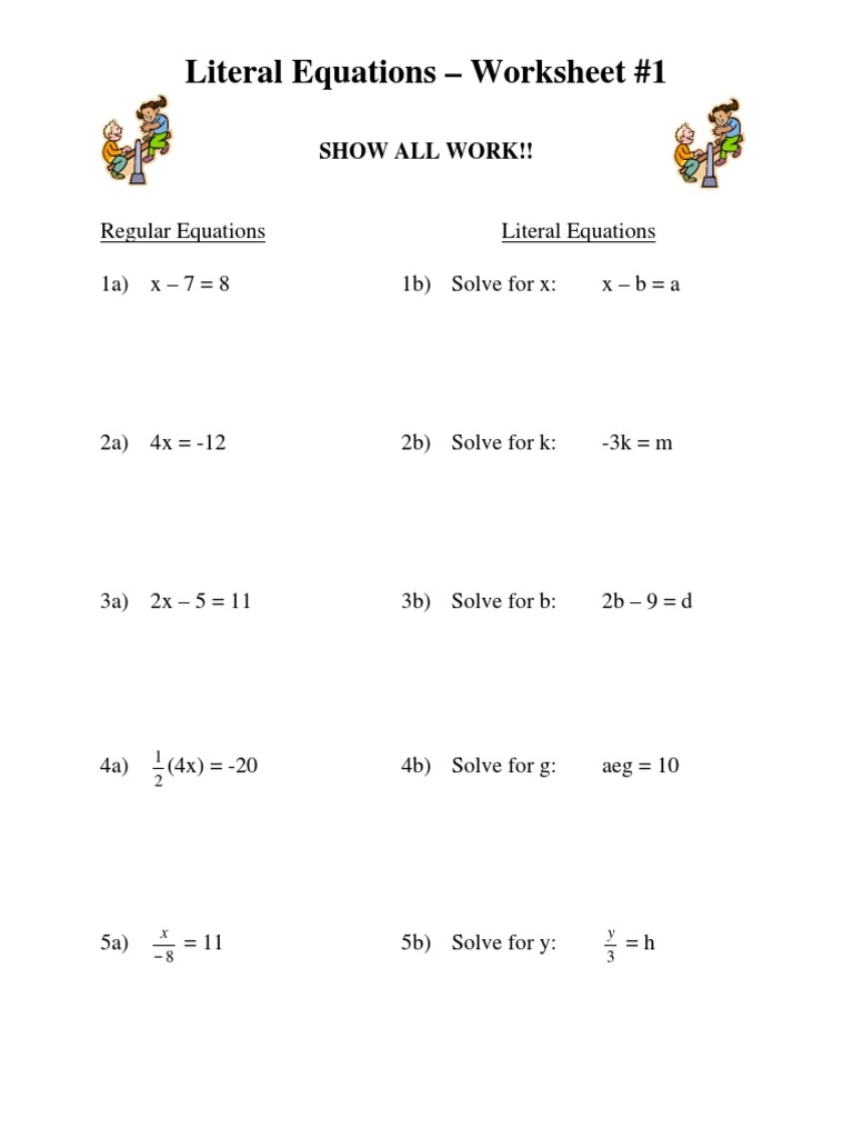 Literal Equations Ws Download Free PDF Area Elementary Worksheets Library