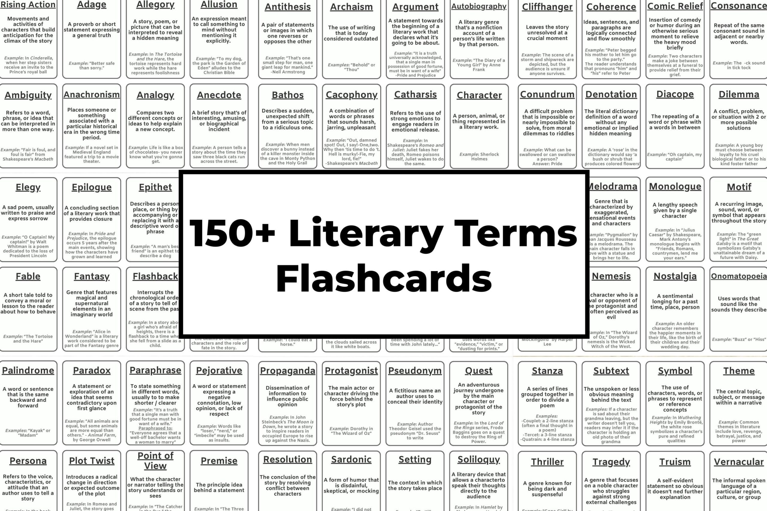 Literary Terms Flashcards AP Literature ELA Vocabulary PDF Downloadable Set Of 152 Etsy