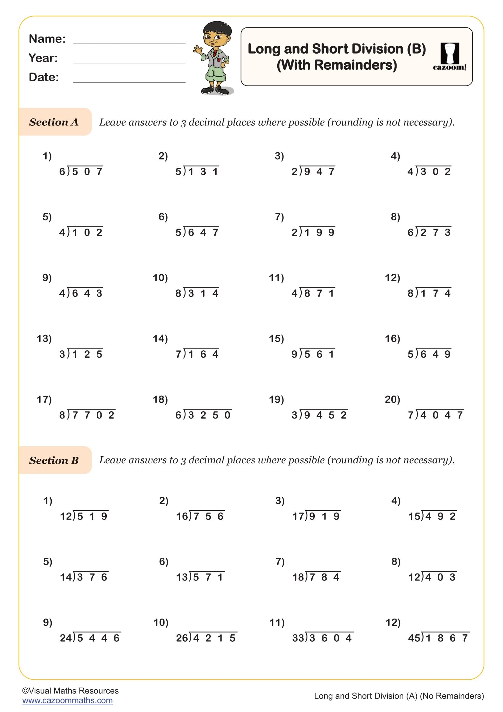 Long And Short Division B Worksheet With Remainders Fun And Engaging Year 6 PDF Worksheets
