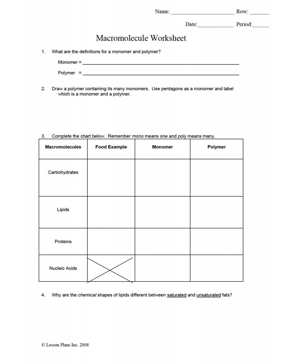 Macromolecule Worksheet