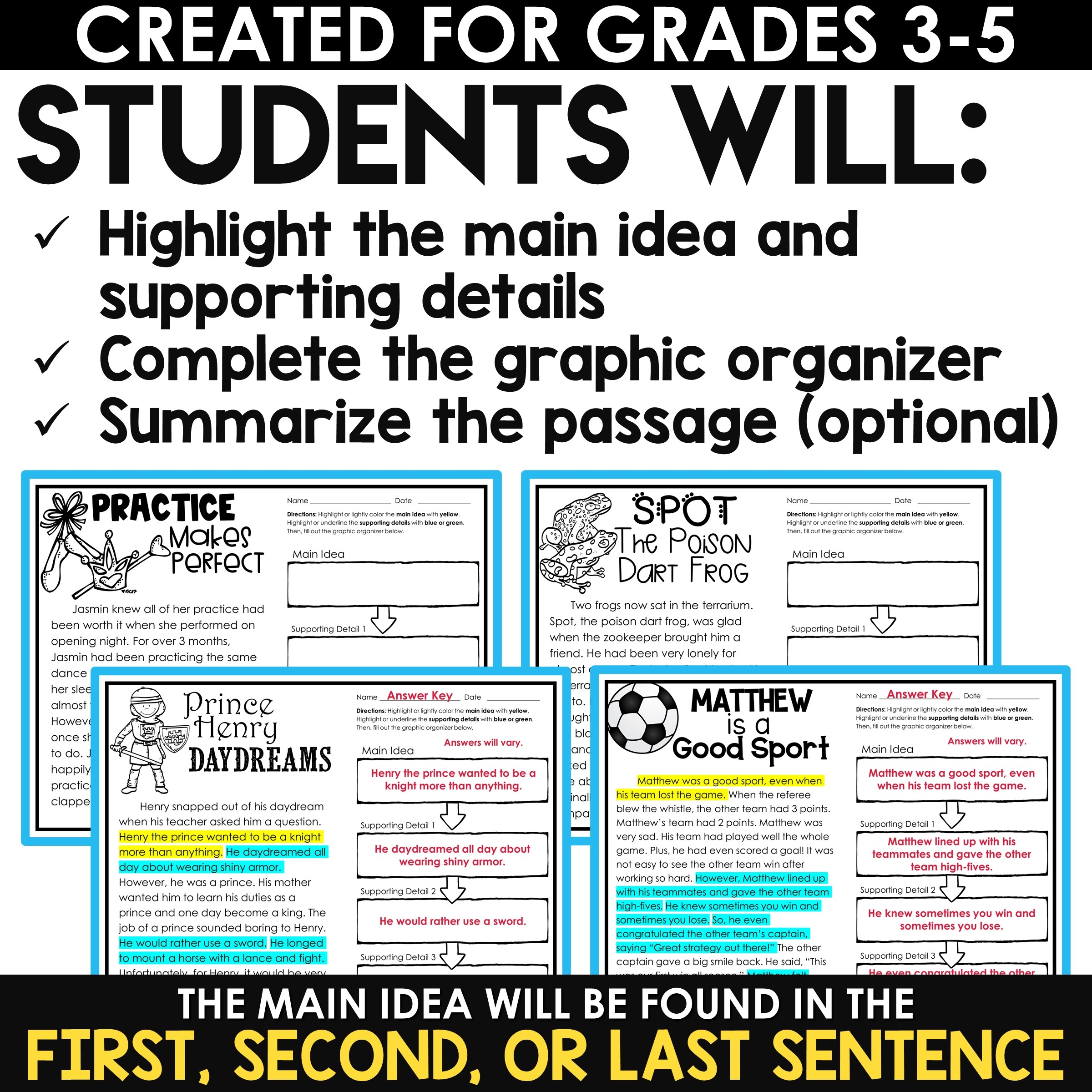Main Idea Supporting Details Activities Graphic Organizers Fiction Set 1 A Love Of Teaching Kim Miller