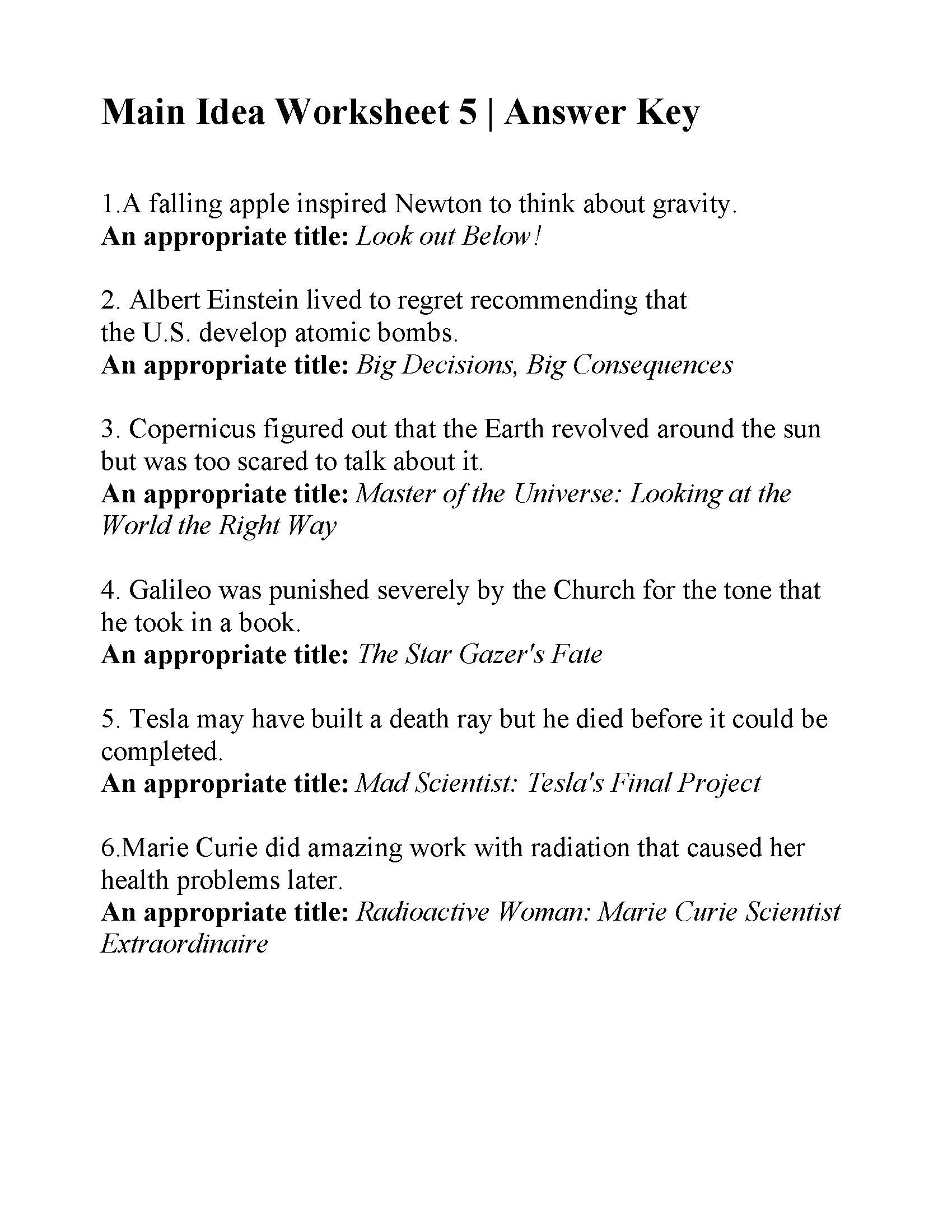 Main Idea Worksheet 5 Reading Activity