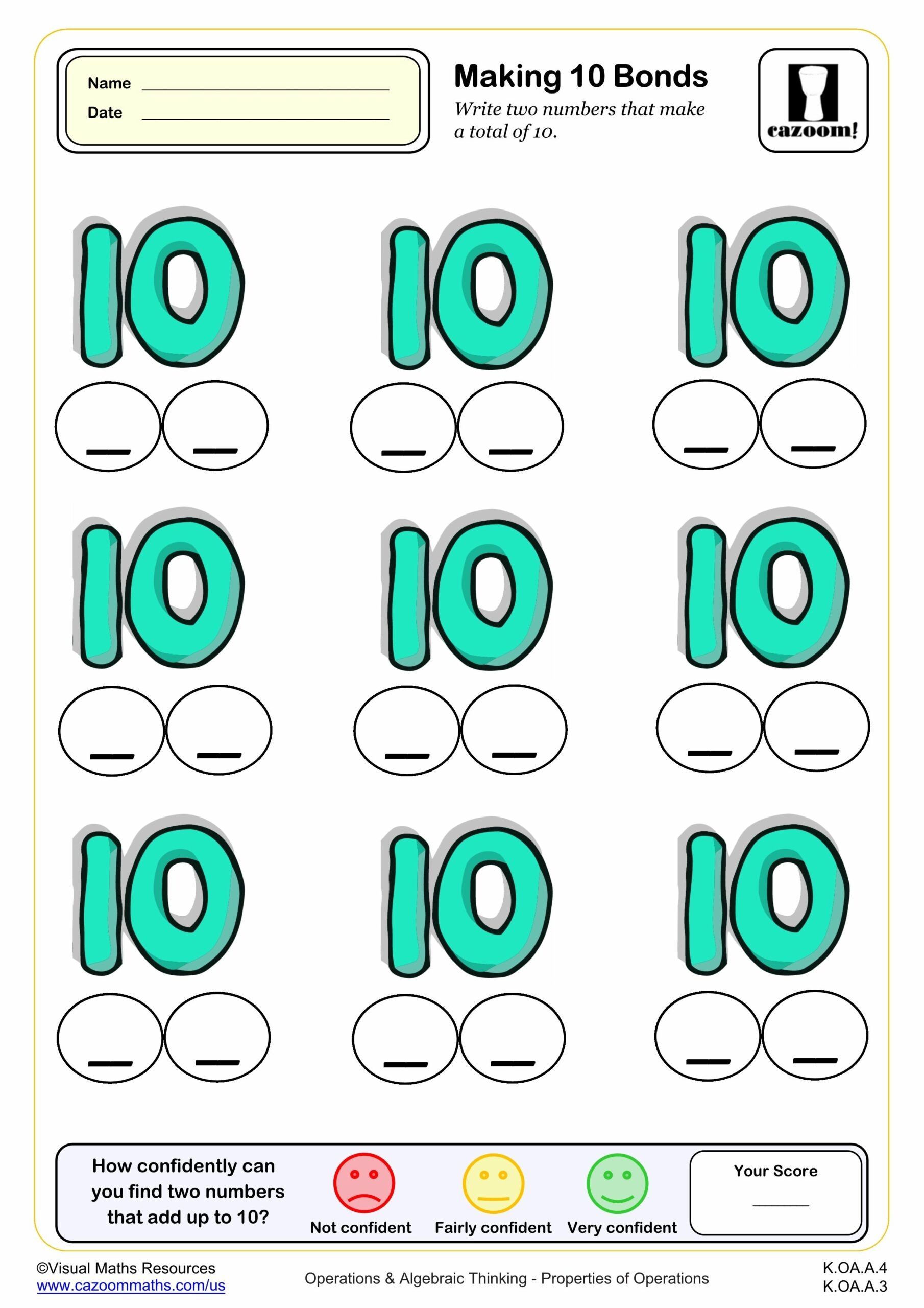 Making 10 BONDS K Grade PDF Addition Worksheets Cazoom Math